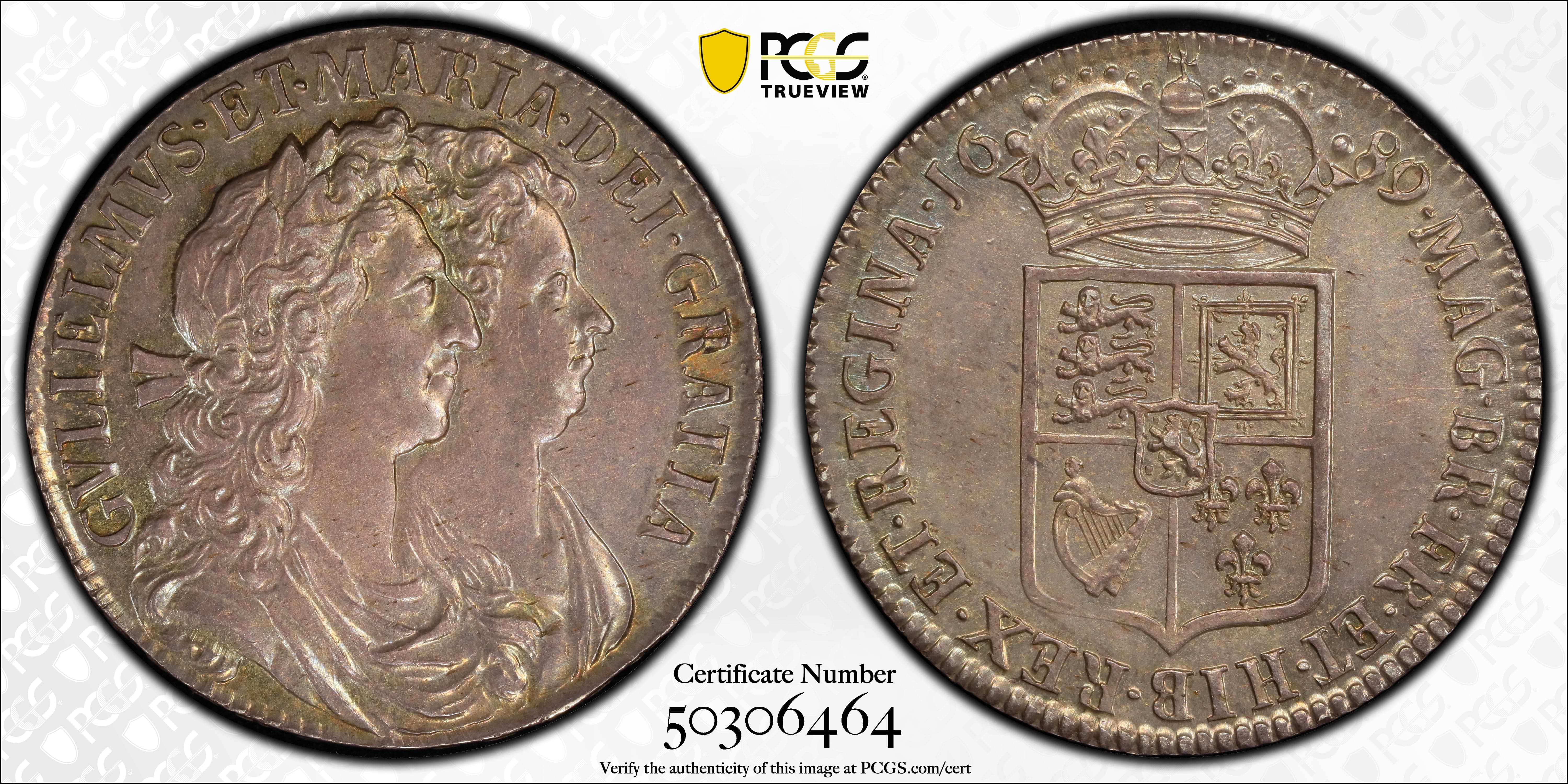 1689年 イギリス ウィリアム&メアリー ハーフクラウン銀貨 MS62