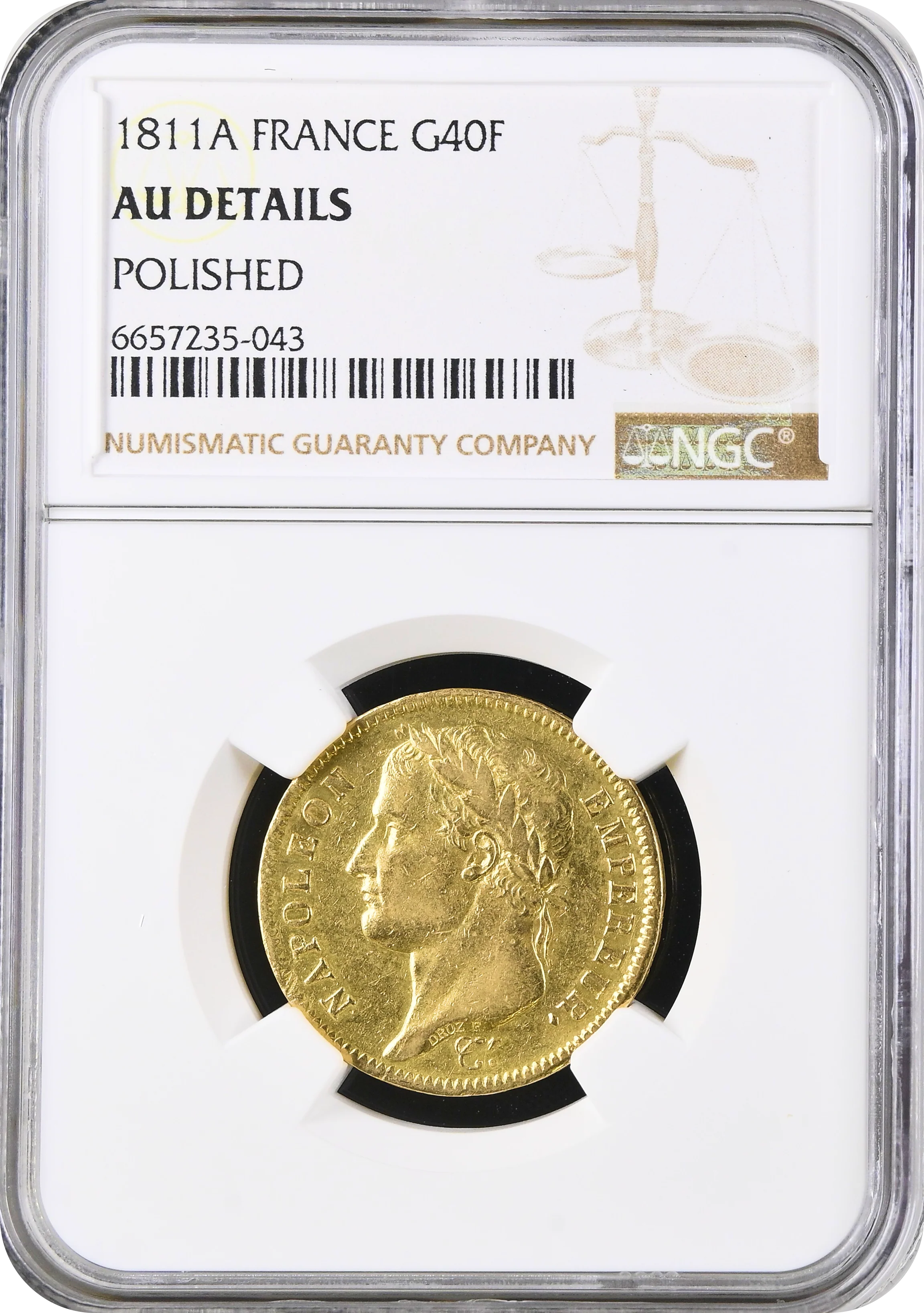 1811年A フランス ナポレオン1世 40フラン金貨 NGC AU Details Polished