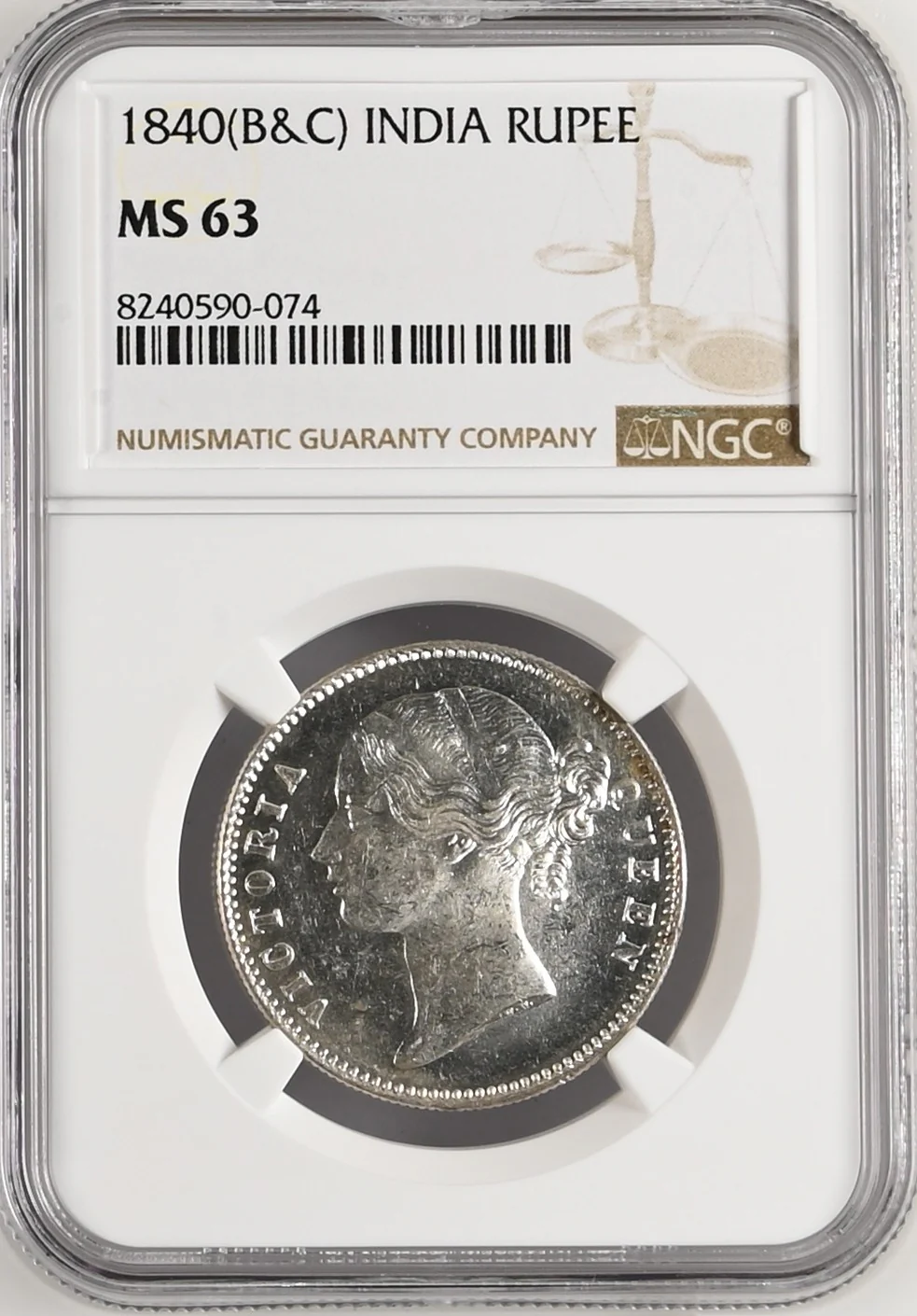 1840年 英領インド 東インド会社 ヴィクトリア ヤングヘッド ルピー銀貨 MS63