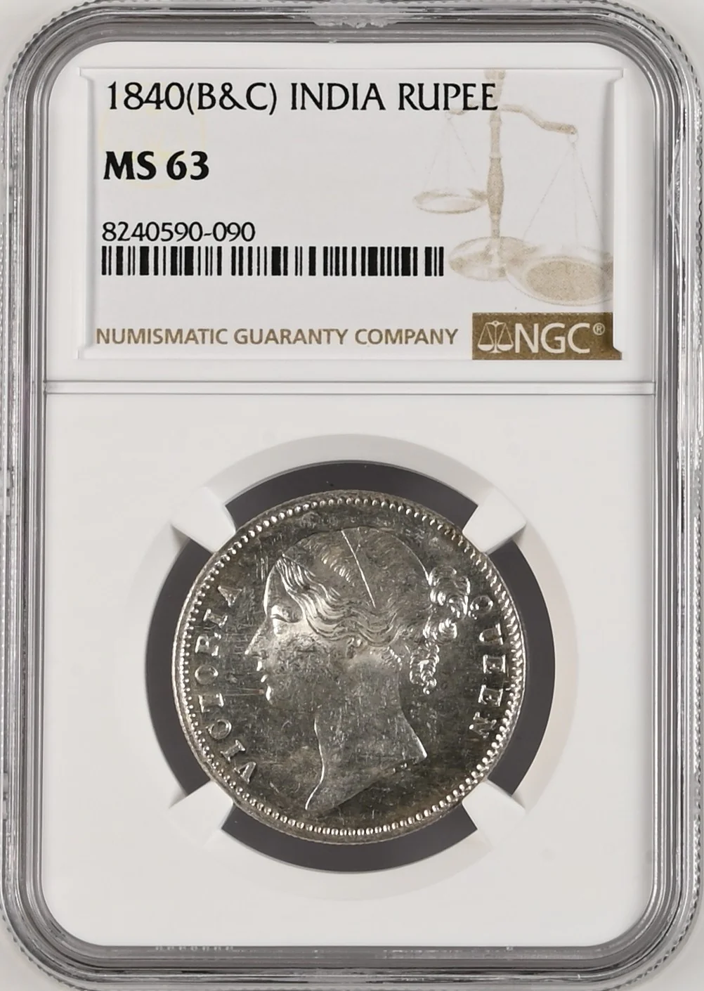 1840年 英領インド 東インド会社 ヴィクトリア ヤングヘッド ルピー銀貨 MS63