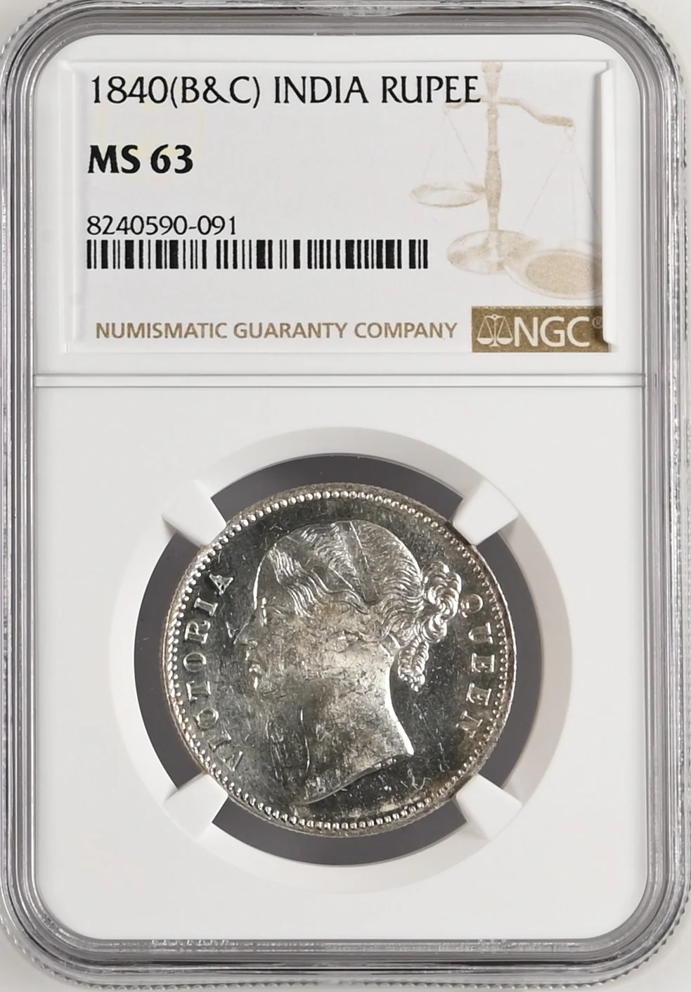 1840年 英領インド 東インド会社 ヴィクトリア ヤングヘッド ルピー銀貨 MS63