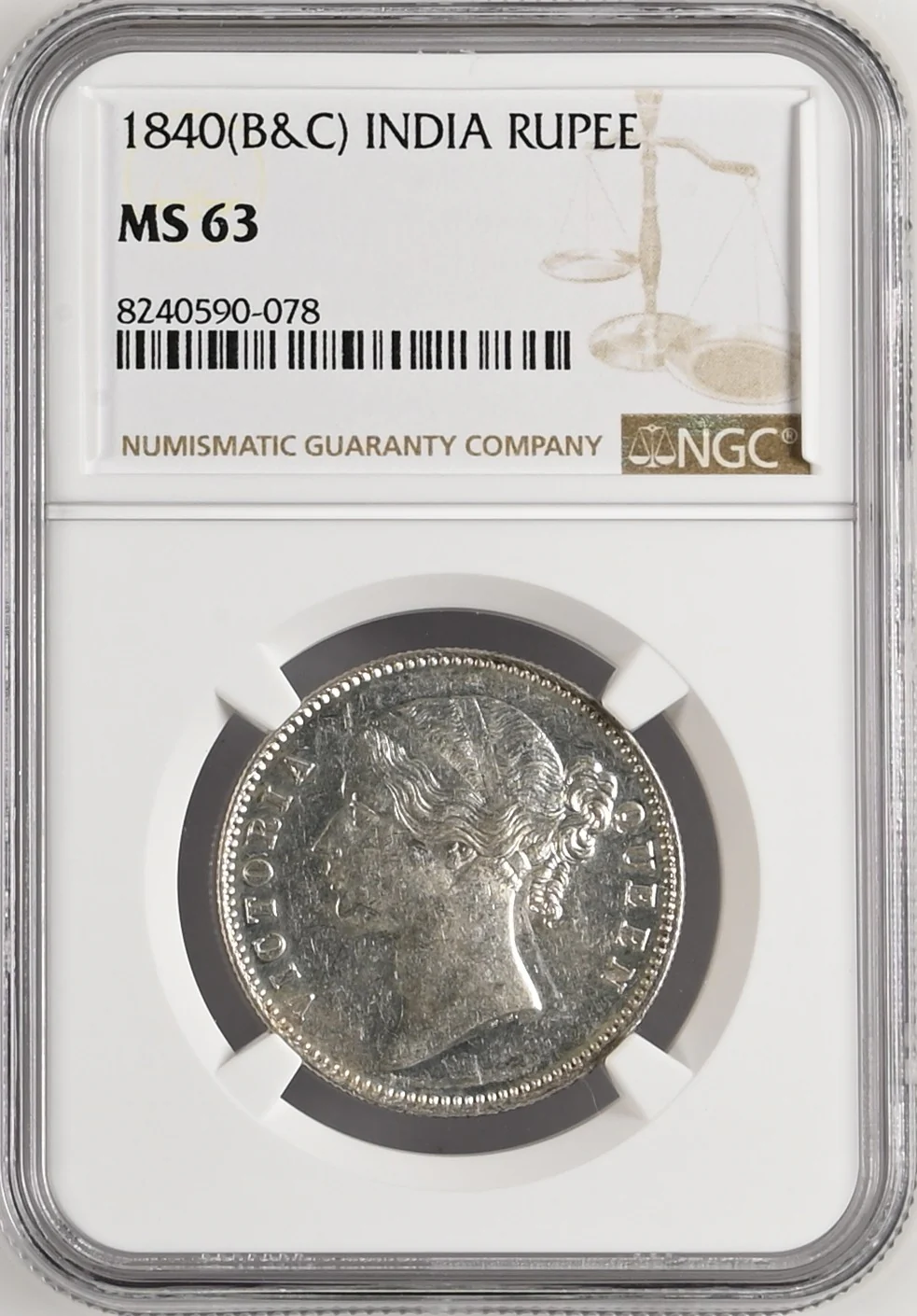 1840年 英領インド 東インド会社 ヴィクトリア ヤングヘッド ルピー銀貨 MS63