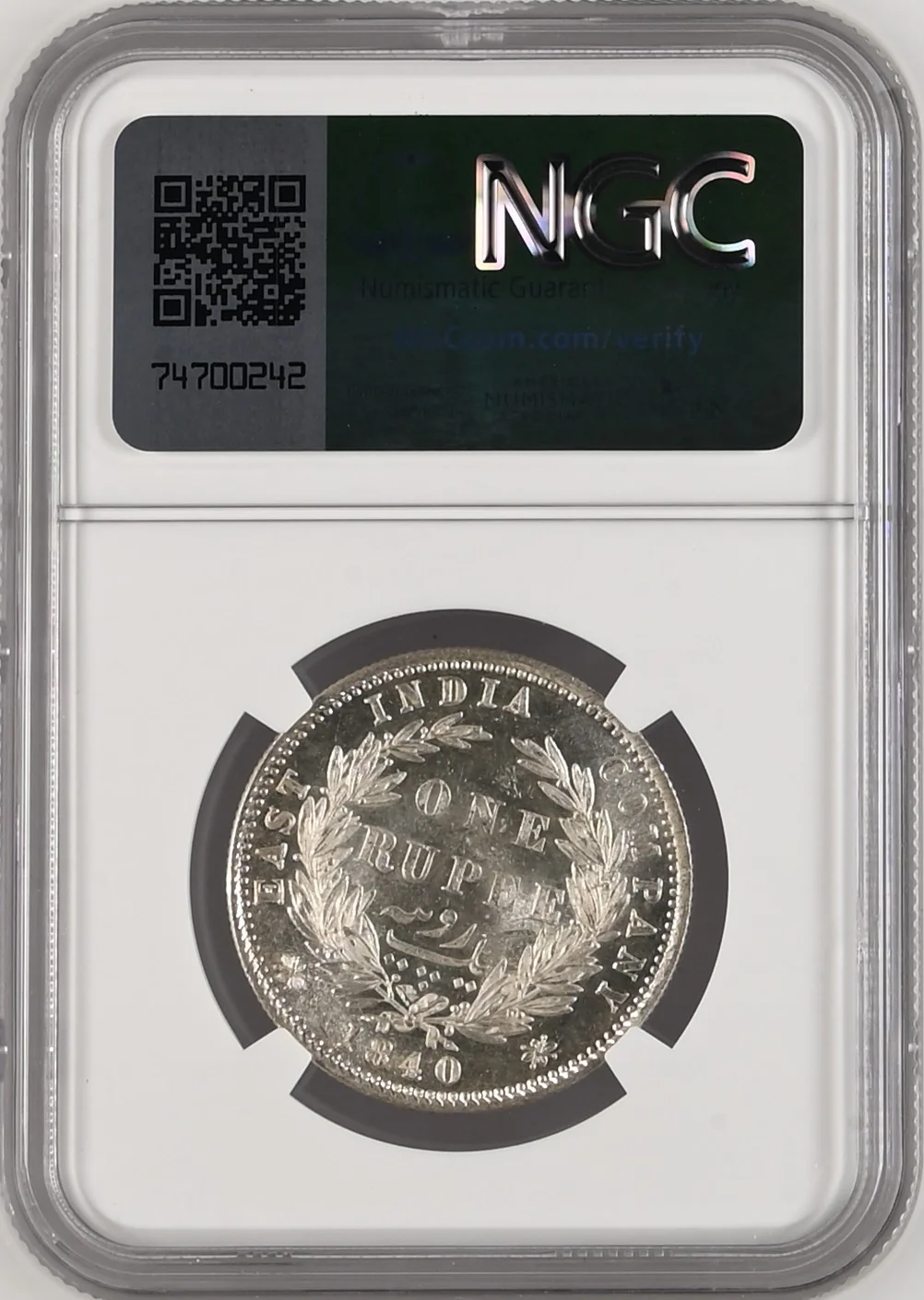 1840年 英領インド 東インド会社 ヴィクトリア ヤングヘッド ルピー銀貨 MS63 - Image 2