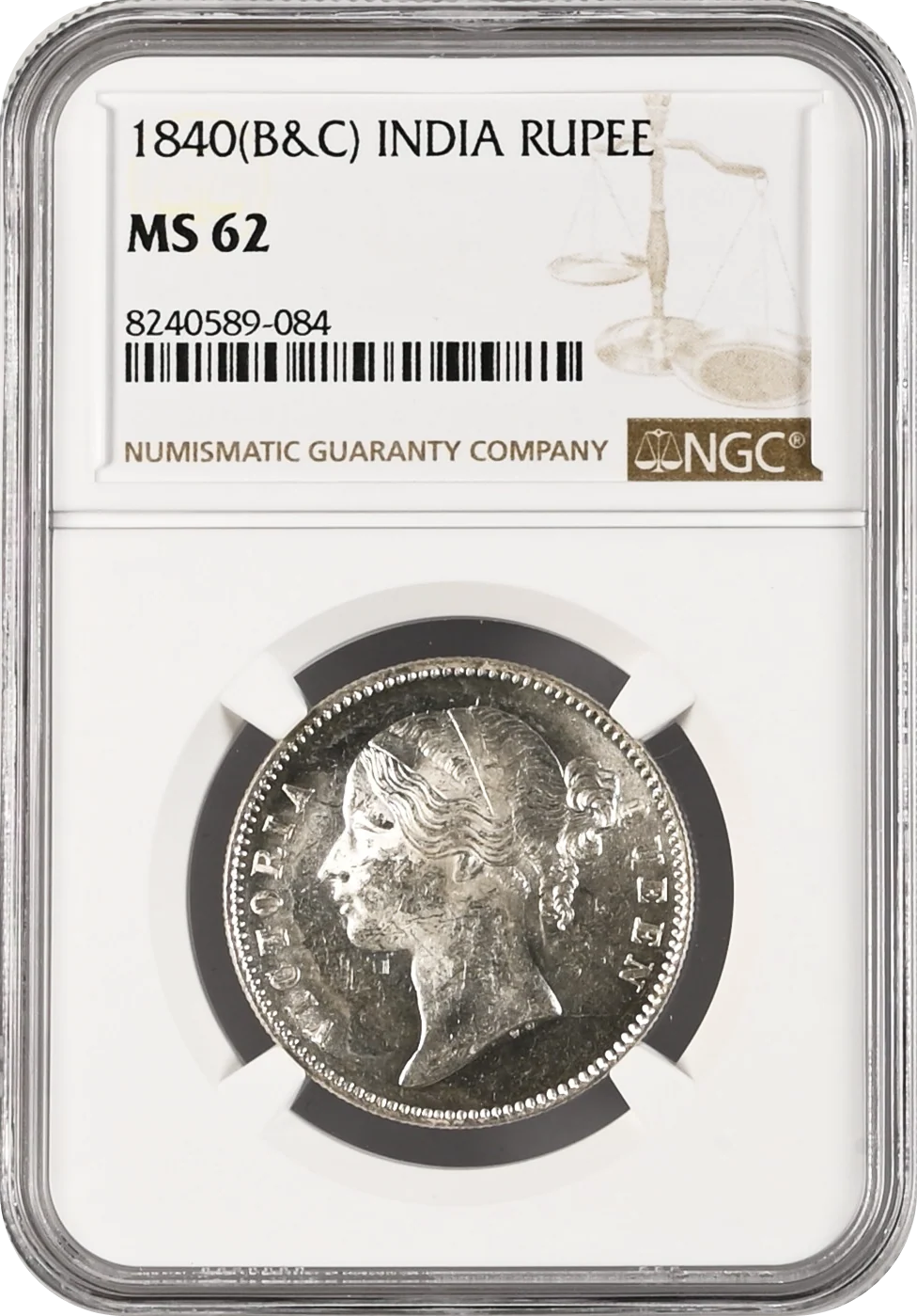 1840年 英領インド 東インド会社 ヴィクトリア ヤングヘッド ルピー銀貨 MS62