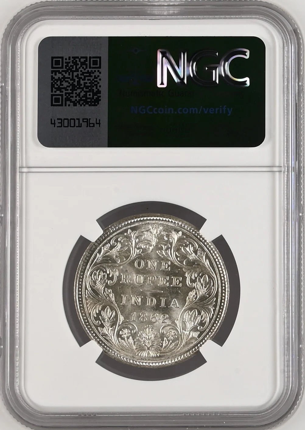 1862年 英領インド ゴシック ルピー銀貨 MS63 - Image 2