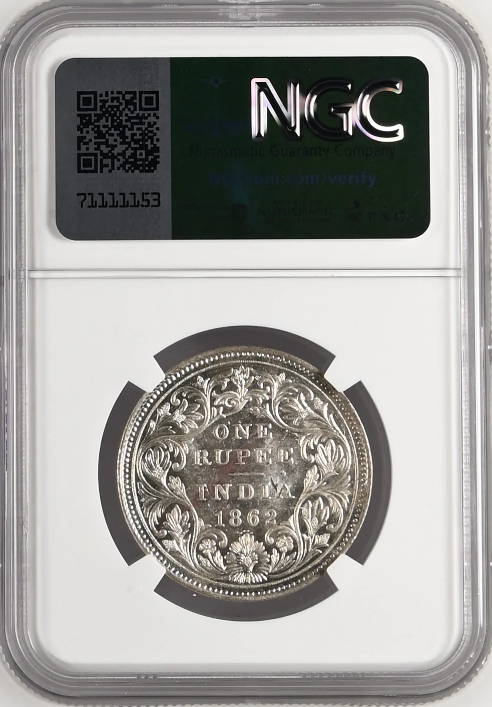 1862年 英領インド ゴシック ルピー銀貨 MS63 - Image 2