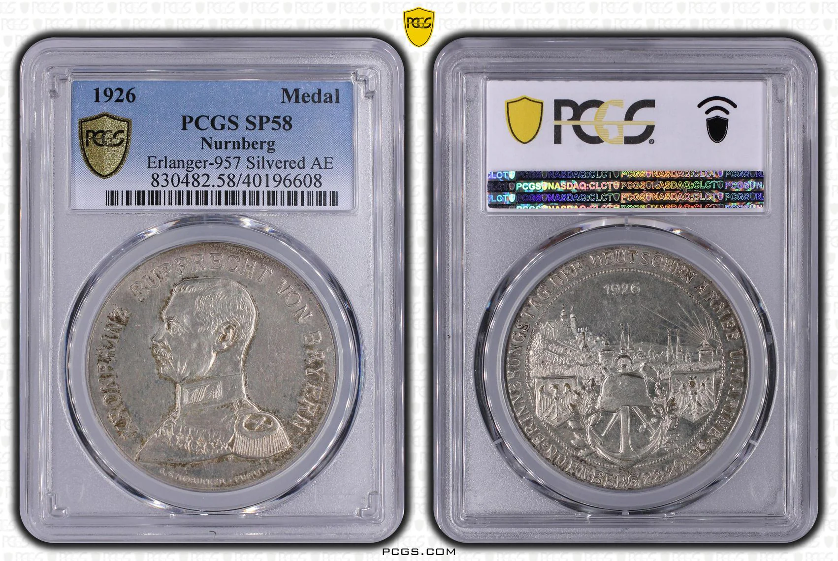 1926年 ドイツ ニュルンベルク ループレヒト王太子 陸海軍記念日 銀メッキ銅メダル PCGS SP58 - Image 2