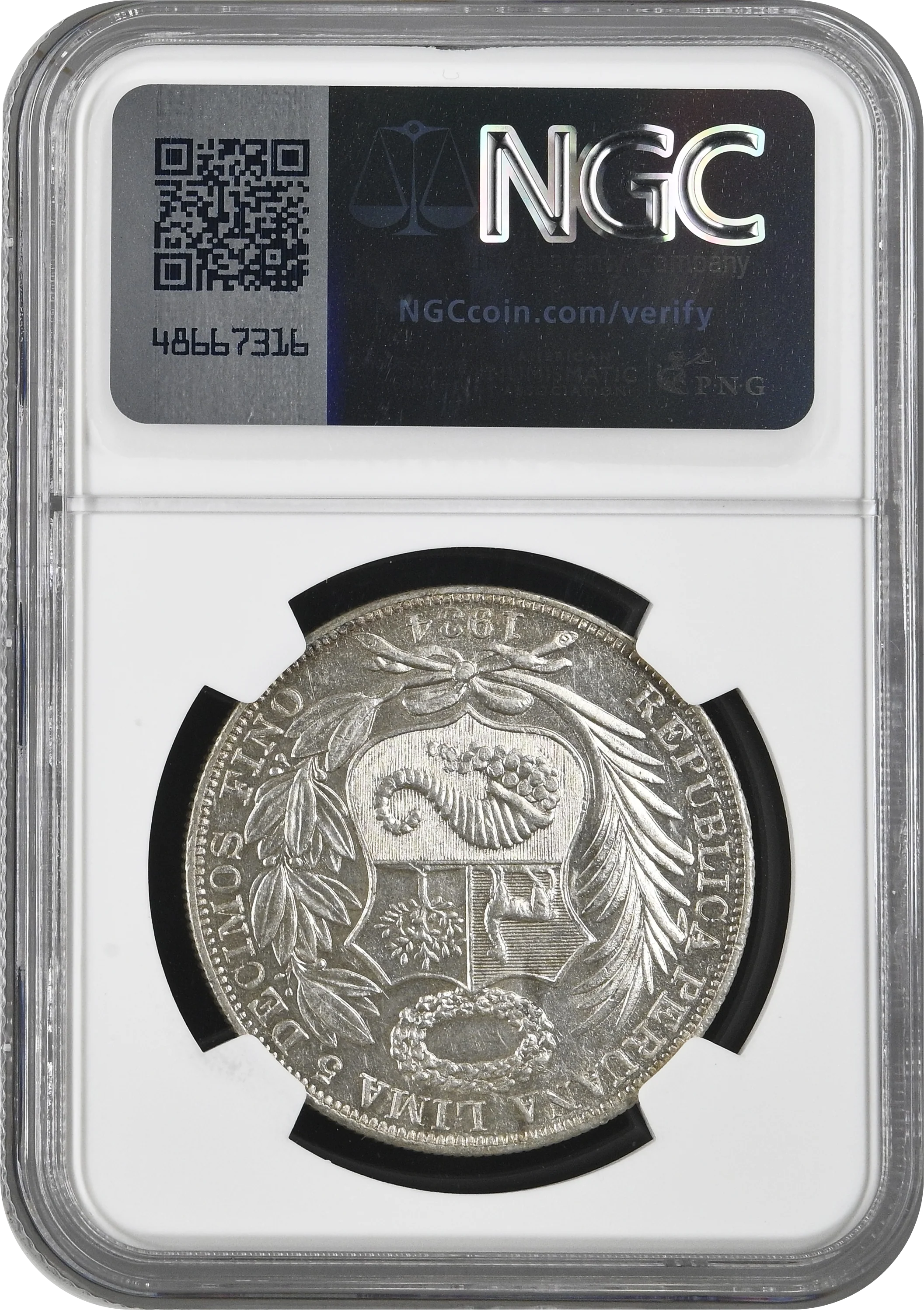 1934年 ペルー 坐像の女神 1ソル銀貨 NGC AU58 - Image 2