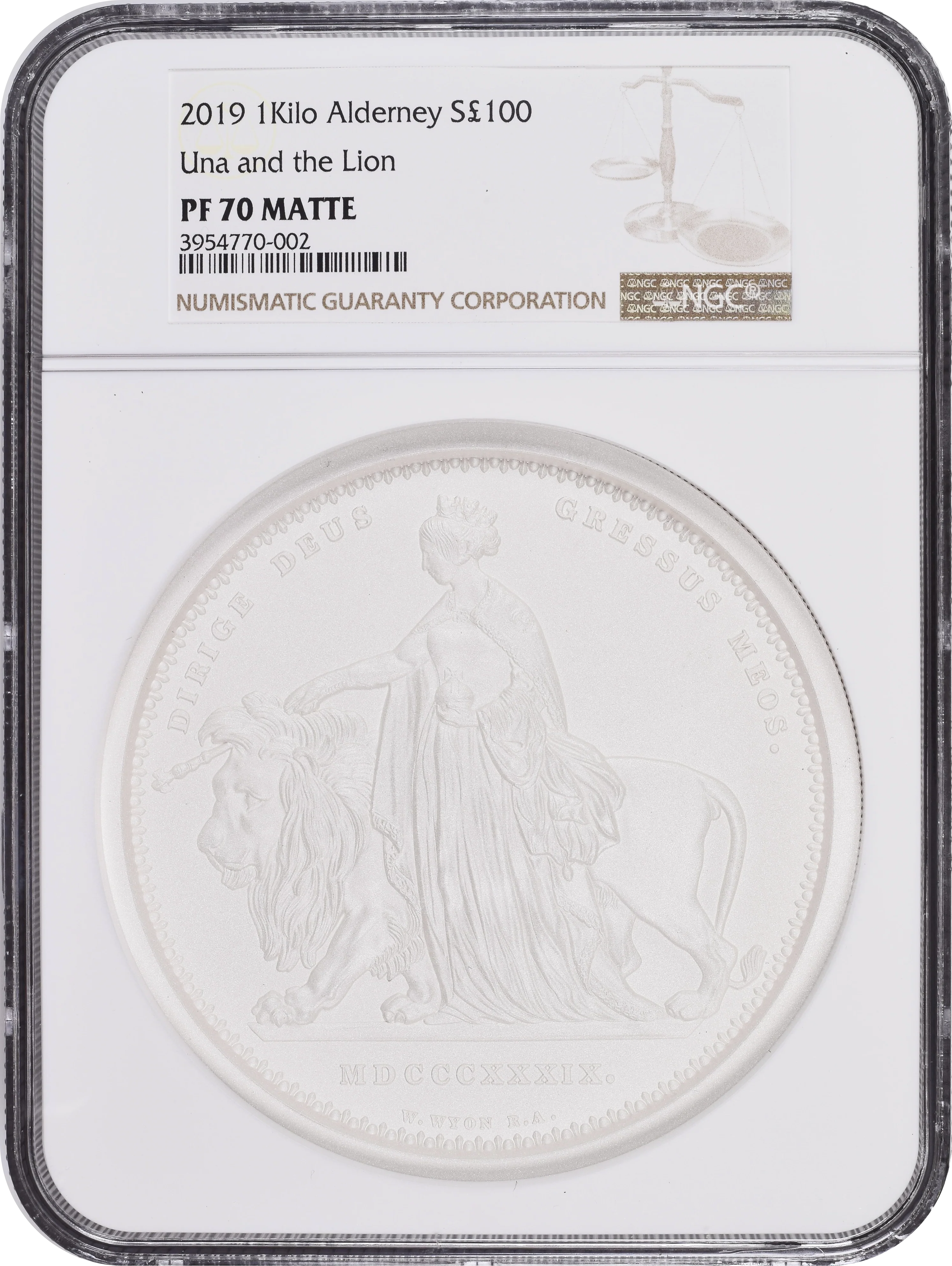 【Top Pop】2019年 オルダニー エリザベス2世 ウナとライオン 1キロ 100ポンド銀貨 マットプルーフ NGC PF70 箱付