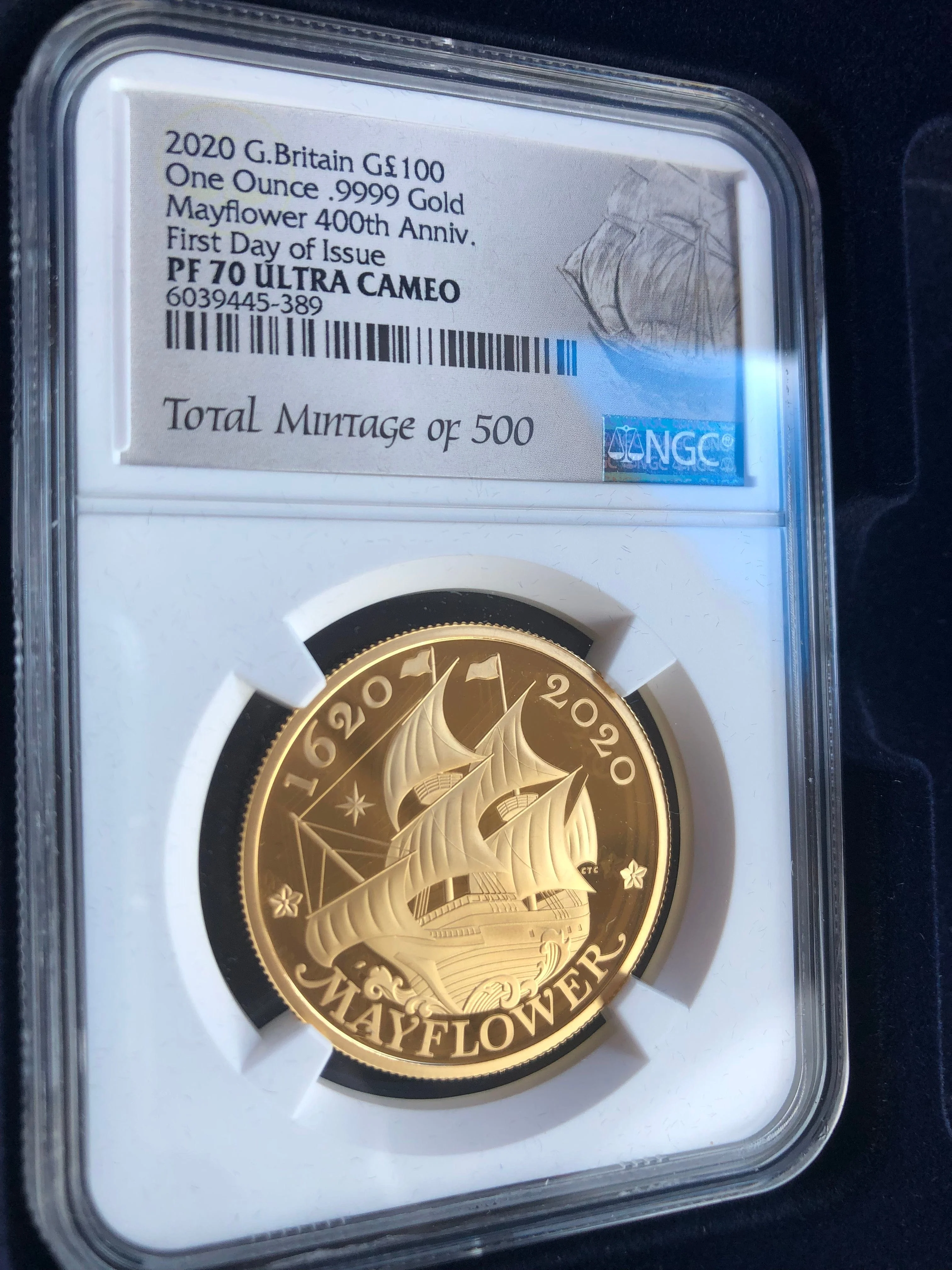 2020年 イギリス メイフラワー出航400周年 100ポンド 1オンス金貨 NGC PF70UCAM First Day of Issue - Image 4