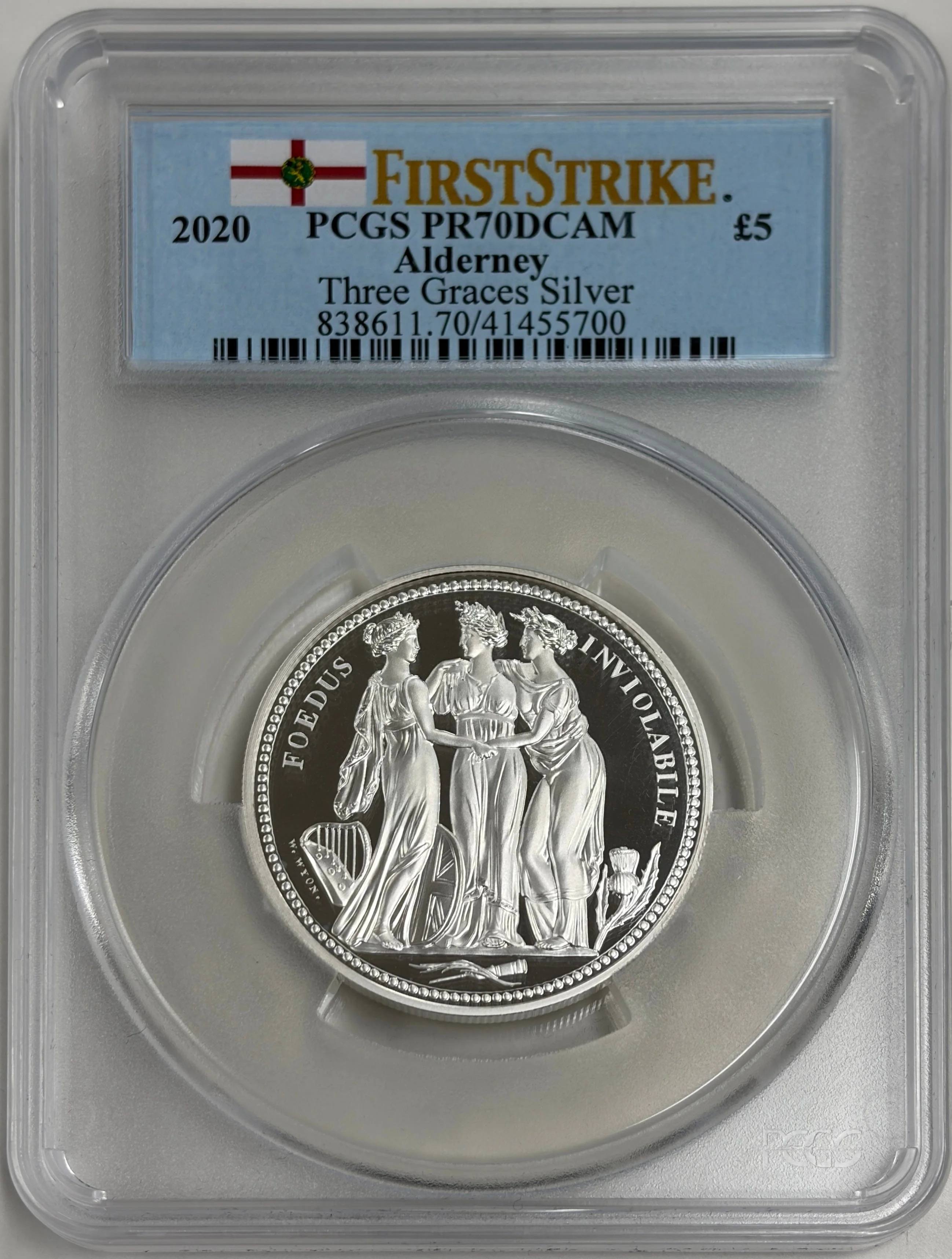 2020年 オルダニー スリー・グレイセス 2oz 5ポンド銀貨 PCGS PR70 Deep Cameo First Strike