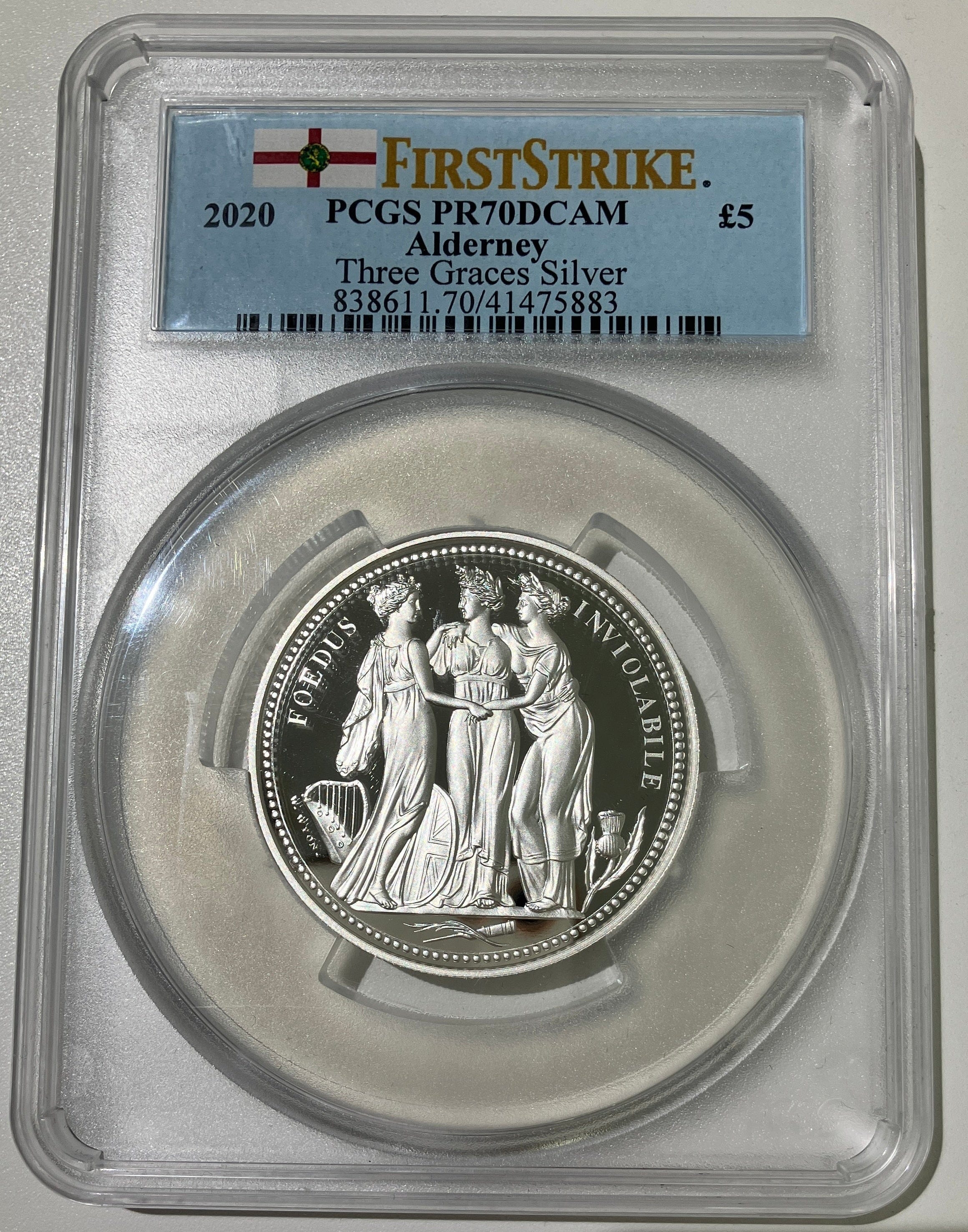 【TopPop】2020年 オルダニー スリーグレイセス 2オンス 5ポンド銀貨 PCGS PR70DCAM