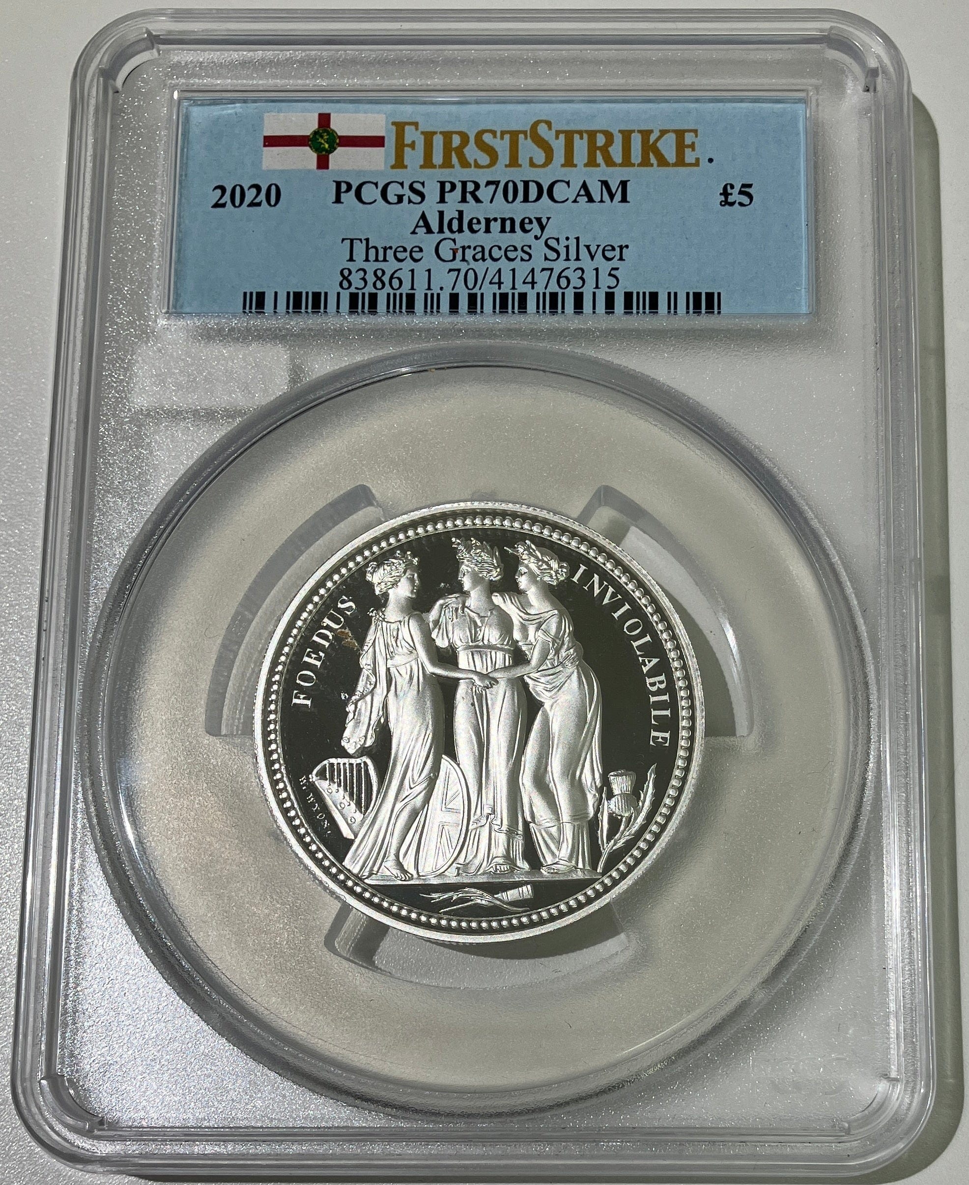 【TopPop】2020年 オルダニー スリーグレイセス 2オンス 5ポンド銀貨 PCGS PR70DCAM