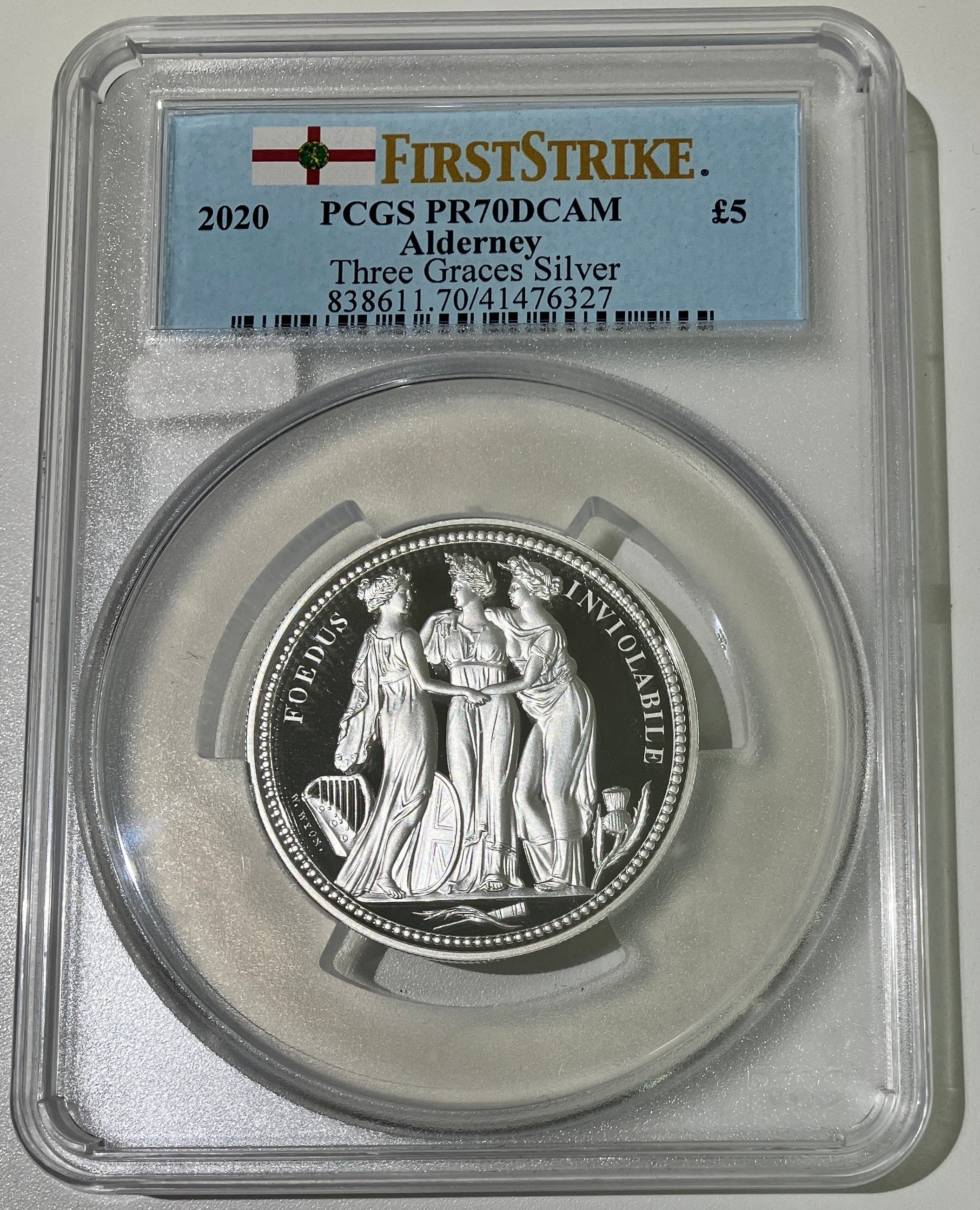 【TopPop】2020年 オルダニー スリーグレイセス 2オンス 5ポンド銀貨 PCGS PR70DCAM