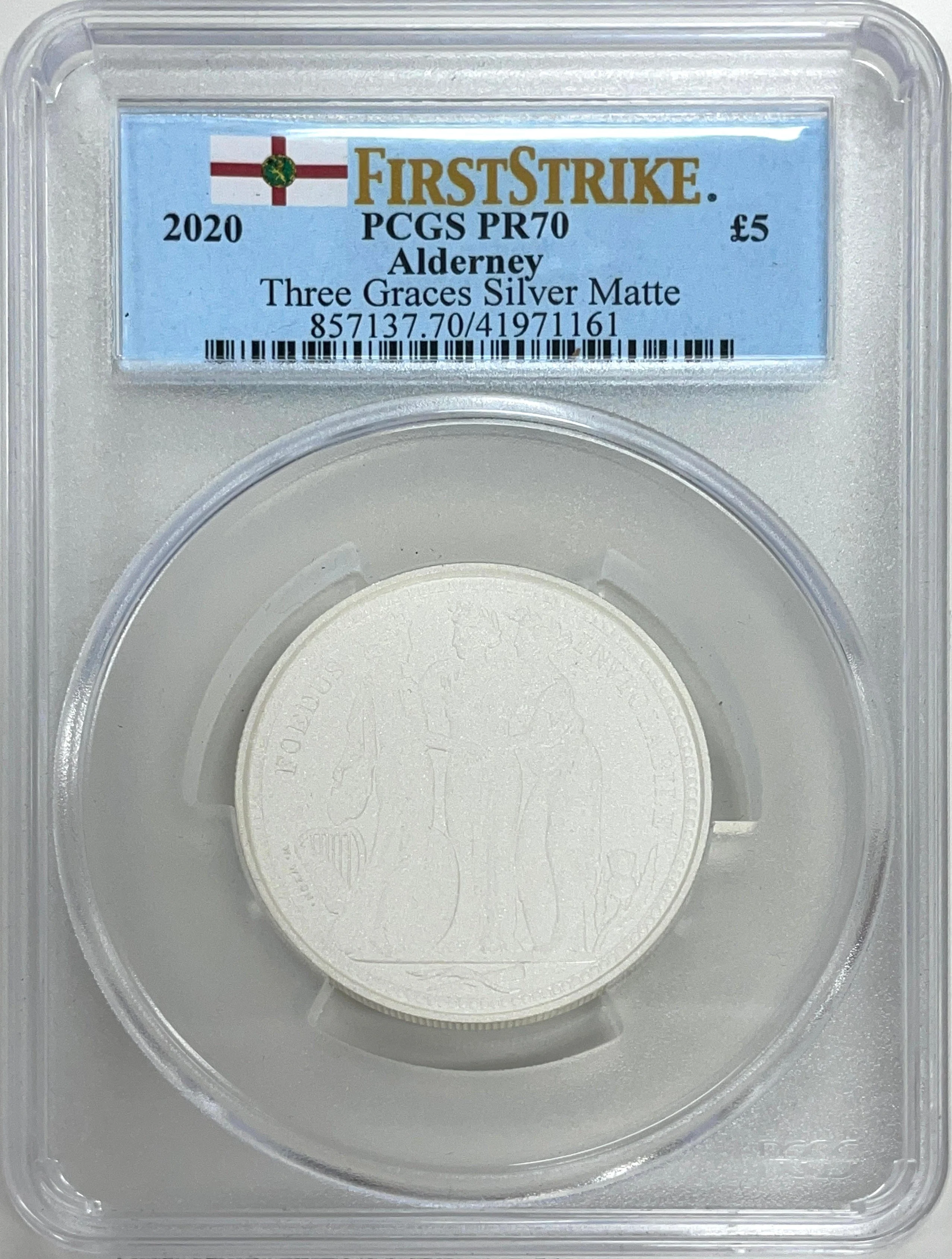 2020年 オルダニー スリーグレイセス 5ポンド銀貨 MATTE PCGS PR70 COA付