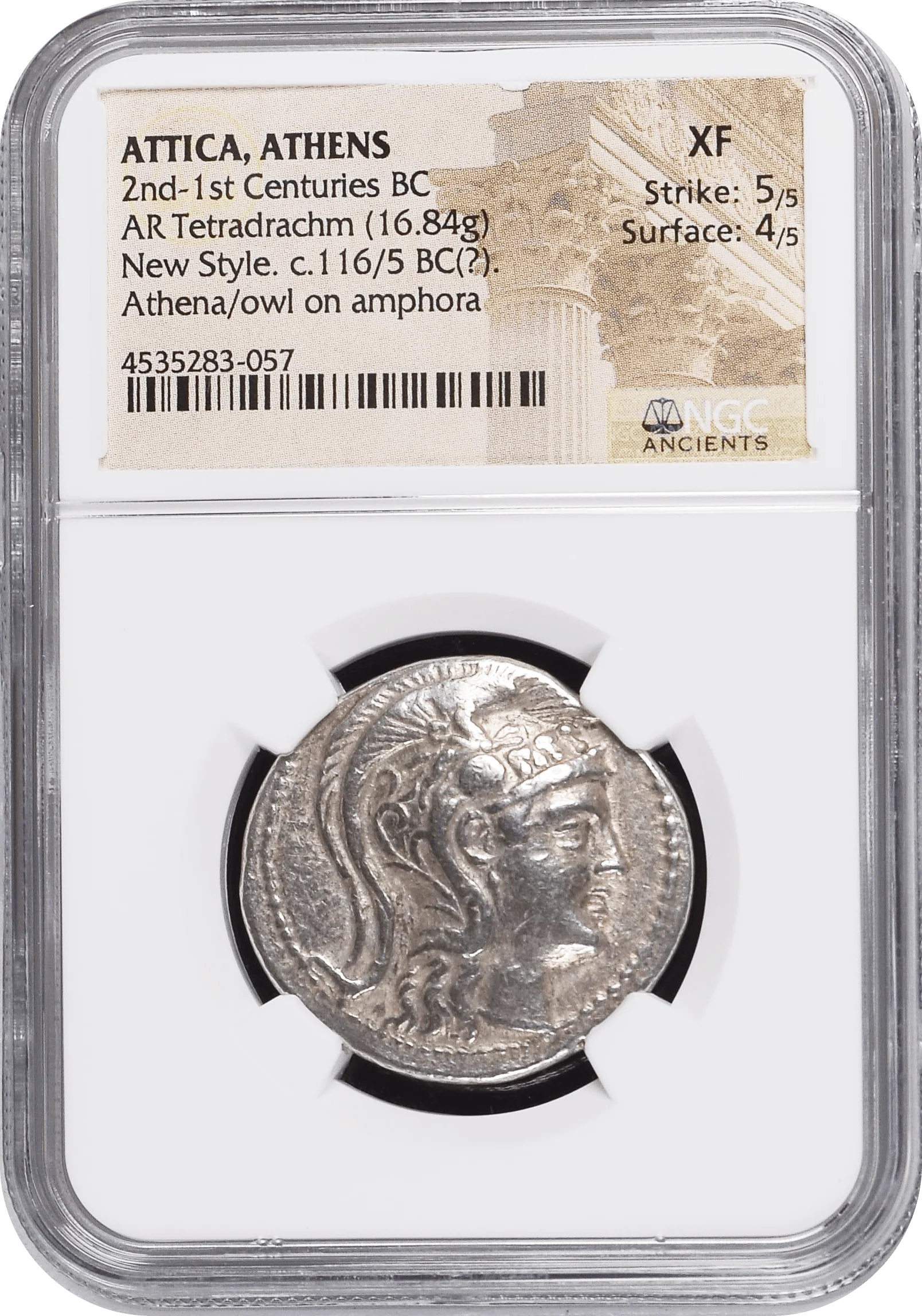 紀元前2-1世紀 古代ギリシア アッティカ アテネ フクロウ テトラドラクマ銀貨 ニュースタイル NGC XF Strike: 5/5 Surface: 4/5
