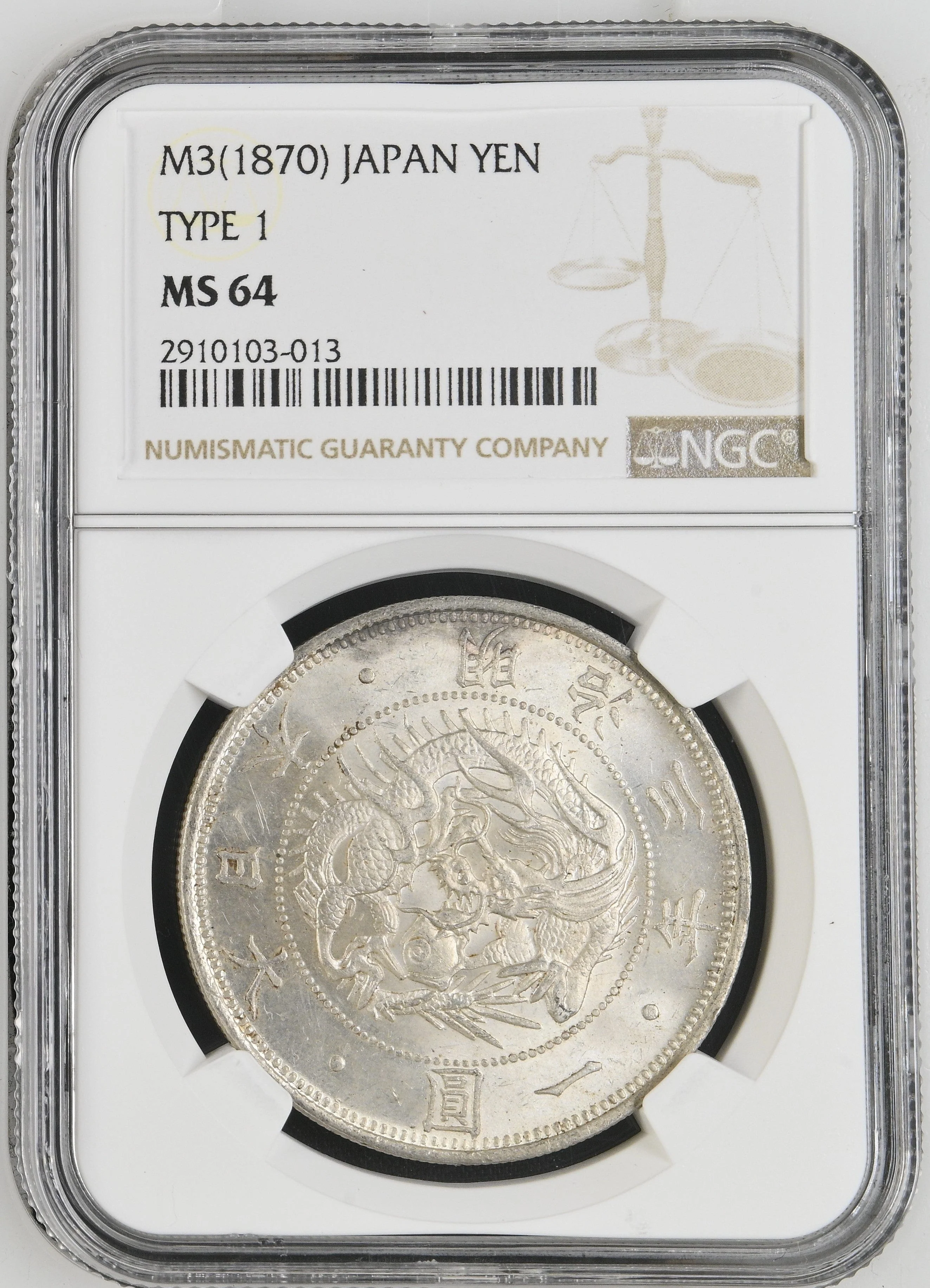 明治3年(1870) 日本 旧1円銀貨 無輪 NGC MS64 (2910103-013)