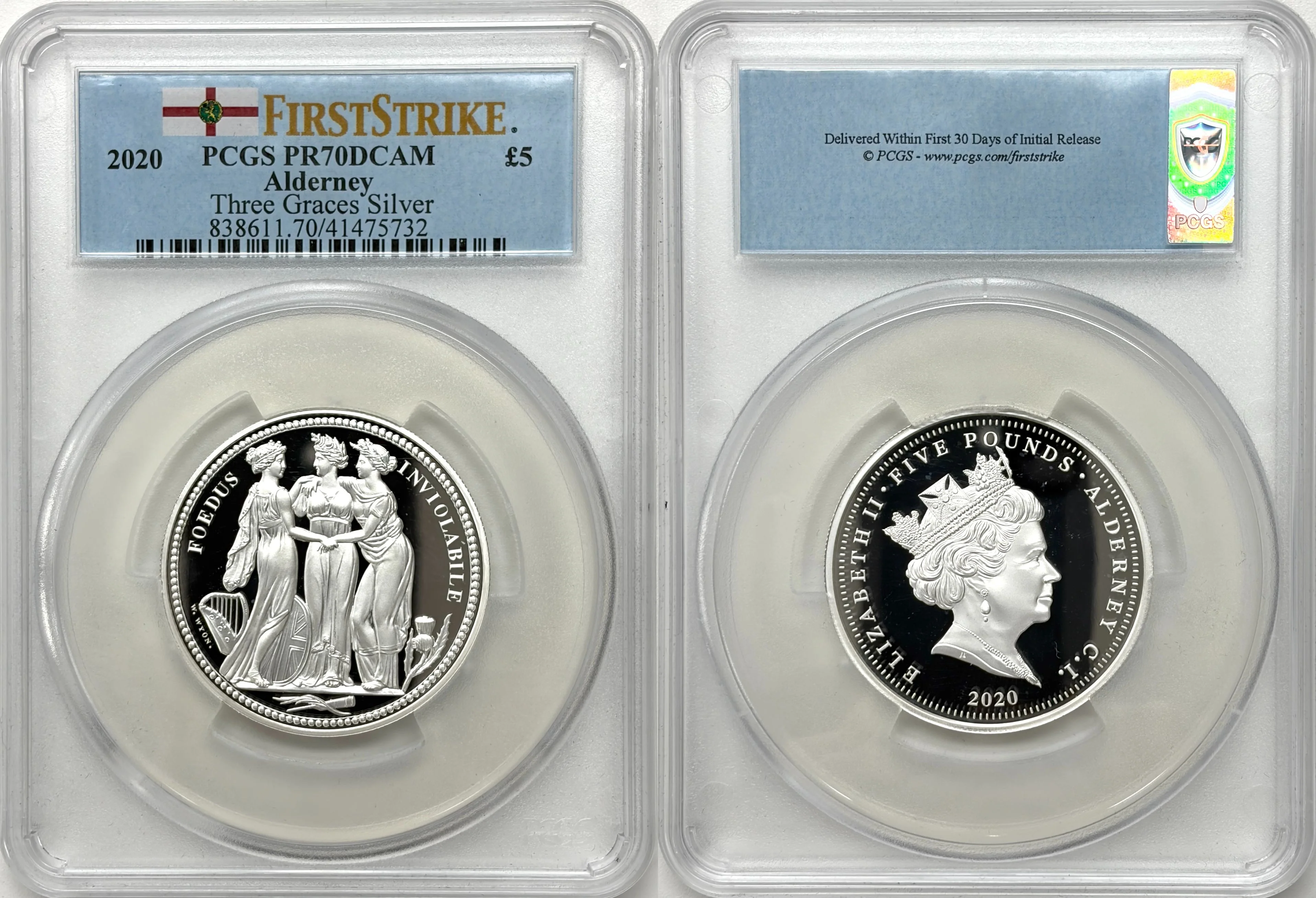 2020年 オルダニー スリーグレイセス 2オンス 5ポンド銀貨 PCGS PR70DCAM COA付