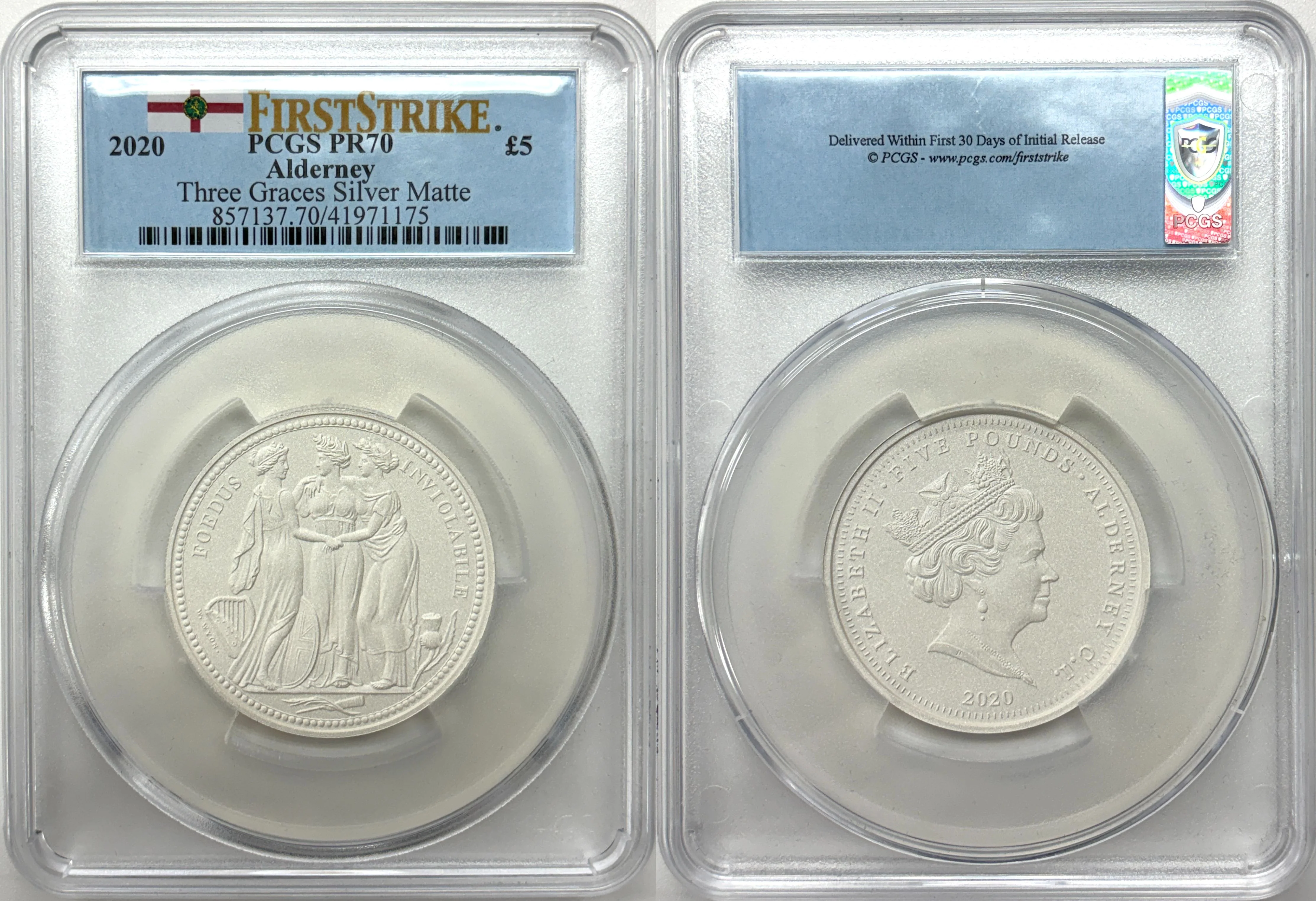 2020年 オルダニー スリーグレイセス 2オンス 5ポンド銀貨 マットプルーフ PCGS PR70 COA付