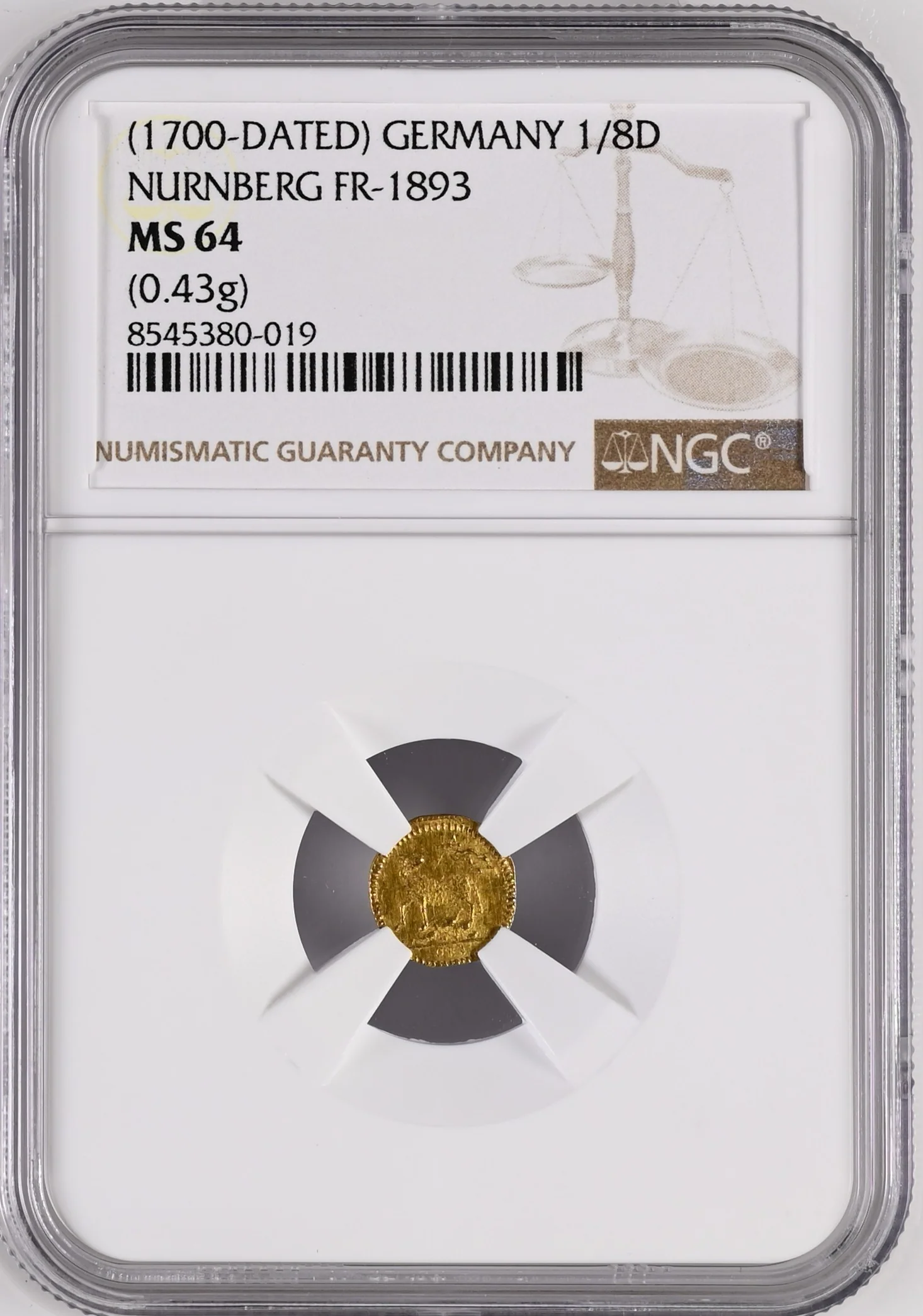 1700年 ドイツ ニュルンベルク ラムダカット 1/8ダカット金貨 NGC MS64