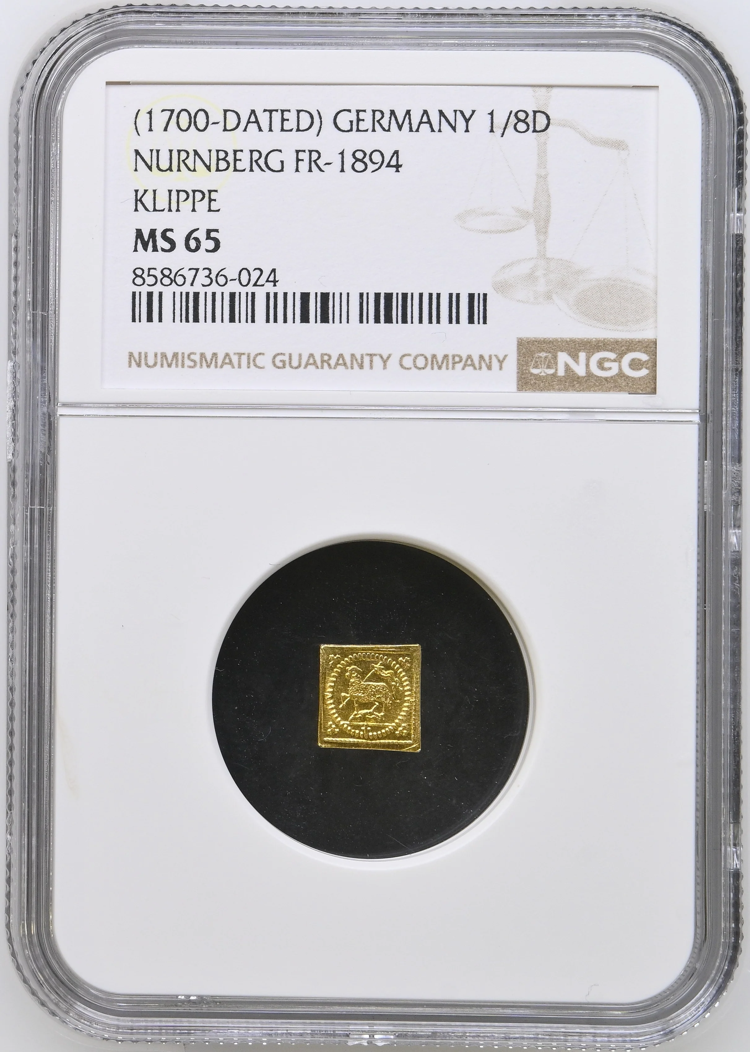 1700年 ドイツ ニュルンベルク ラムダカット 1/8ダカット金貨 クリッペ NGC MS65