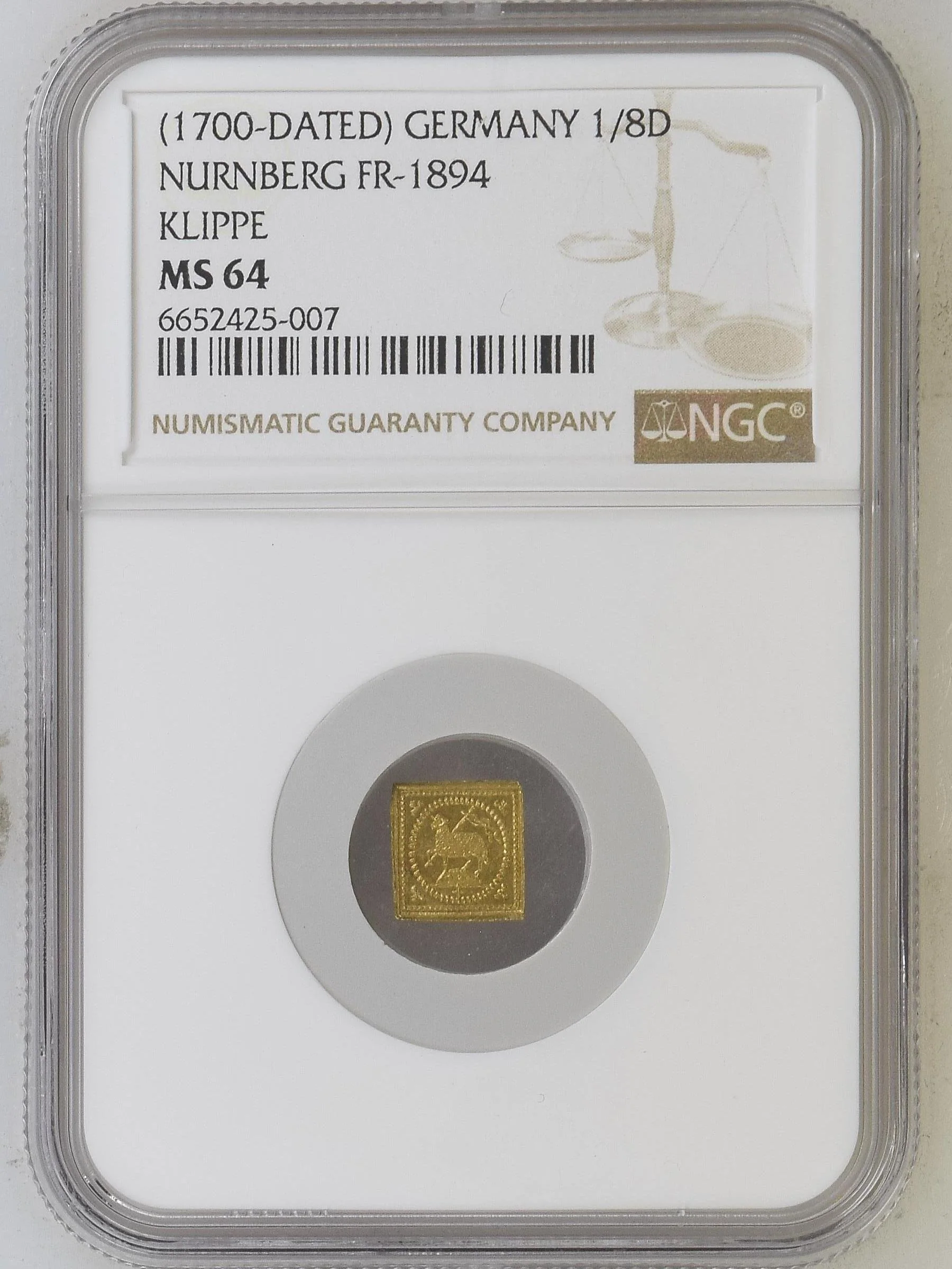 1700年 ドイツ ニュルンベルク ラムダカット 1/8ダカット金貨 クリッペ NGC MS64