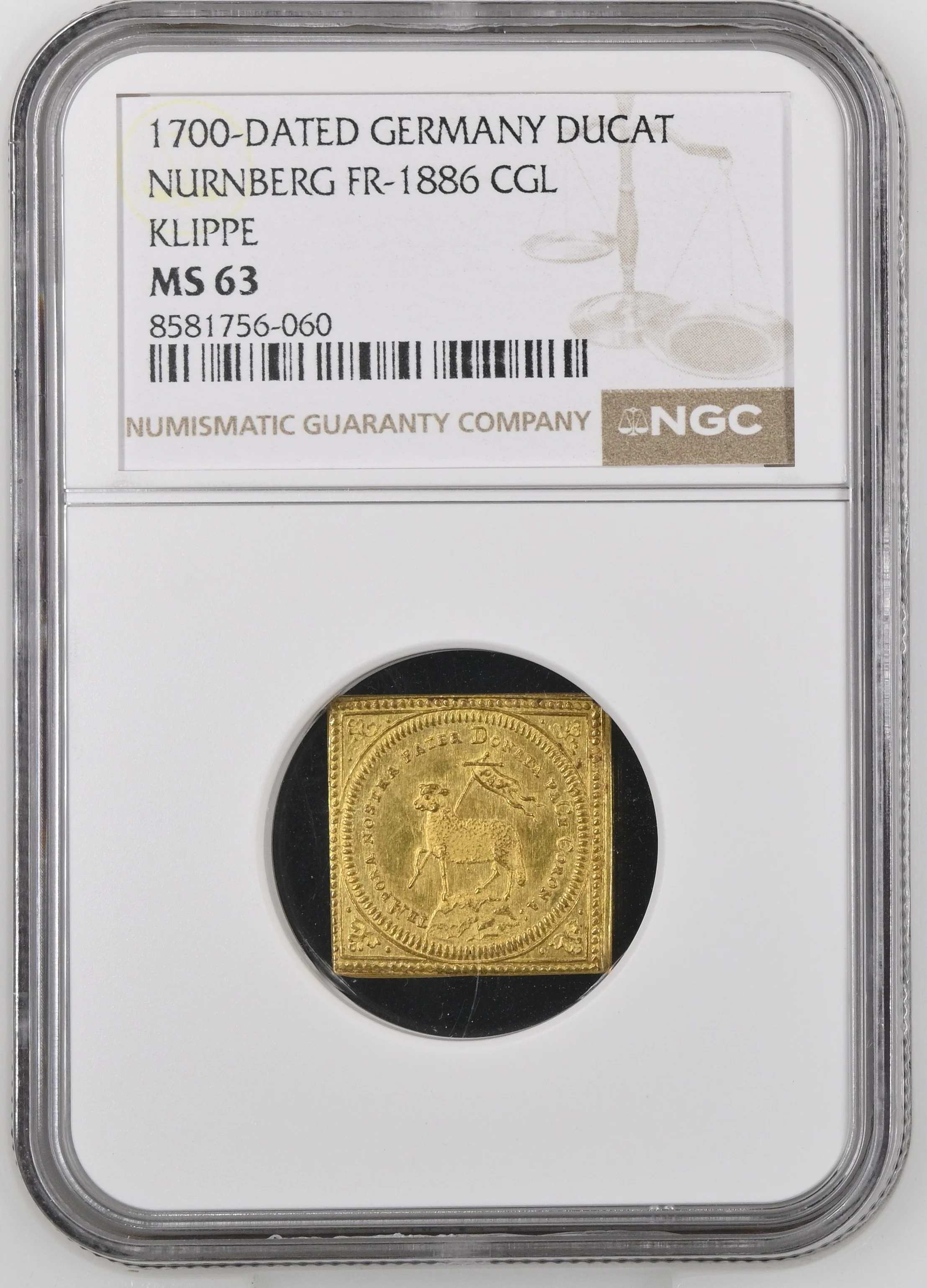 1700年 ドイツ ニュルンベルク ラムダカット 1ダカット金貨 クリッペ NGC MS63