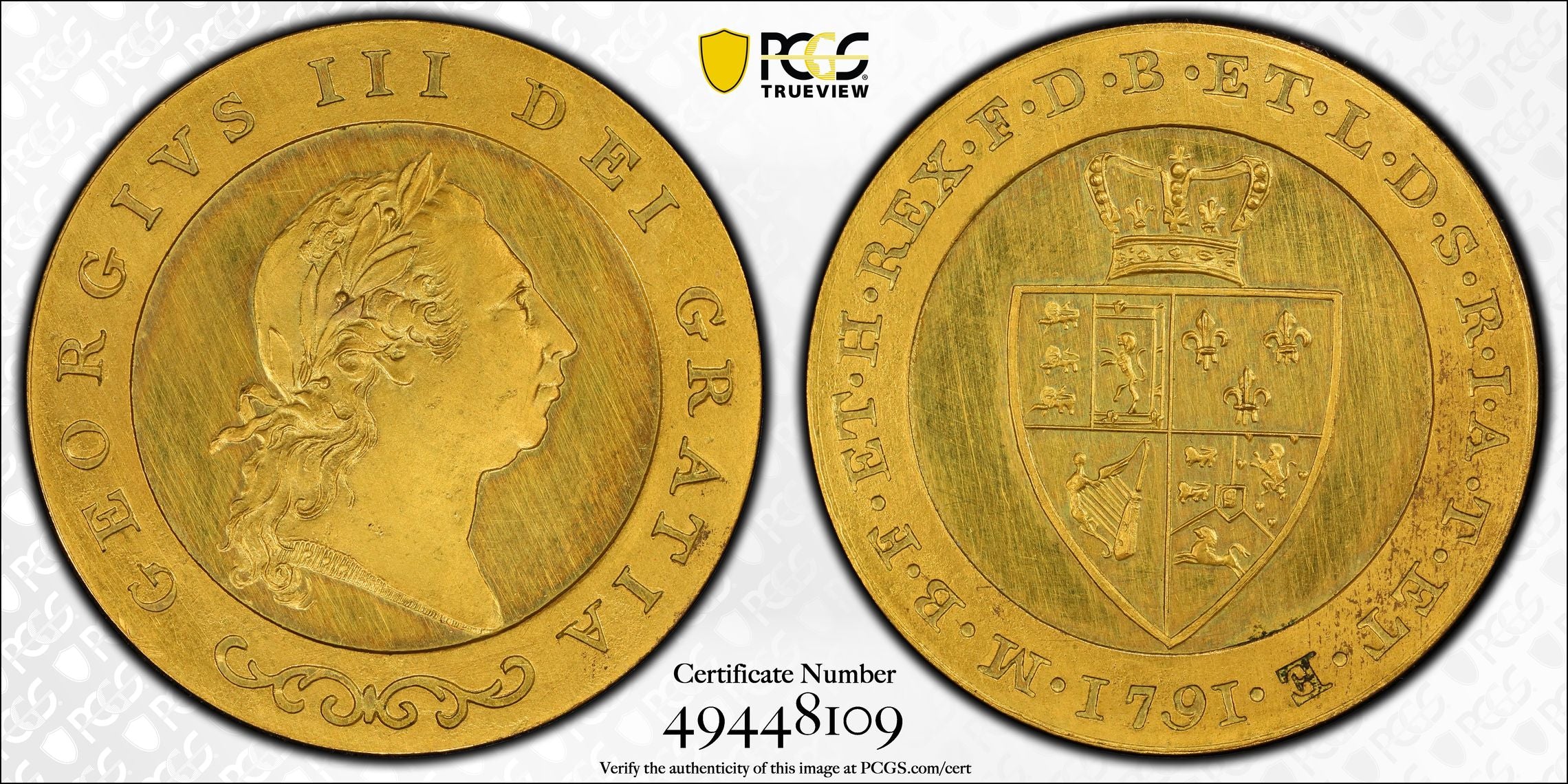 1791年 イギリス ジョージ3世 スペードギニー 試鋳貨 金メッキ銅貨 PR63CAM