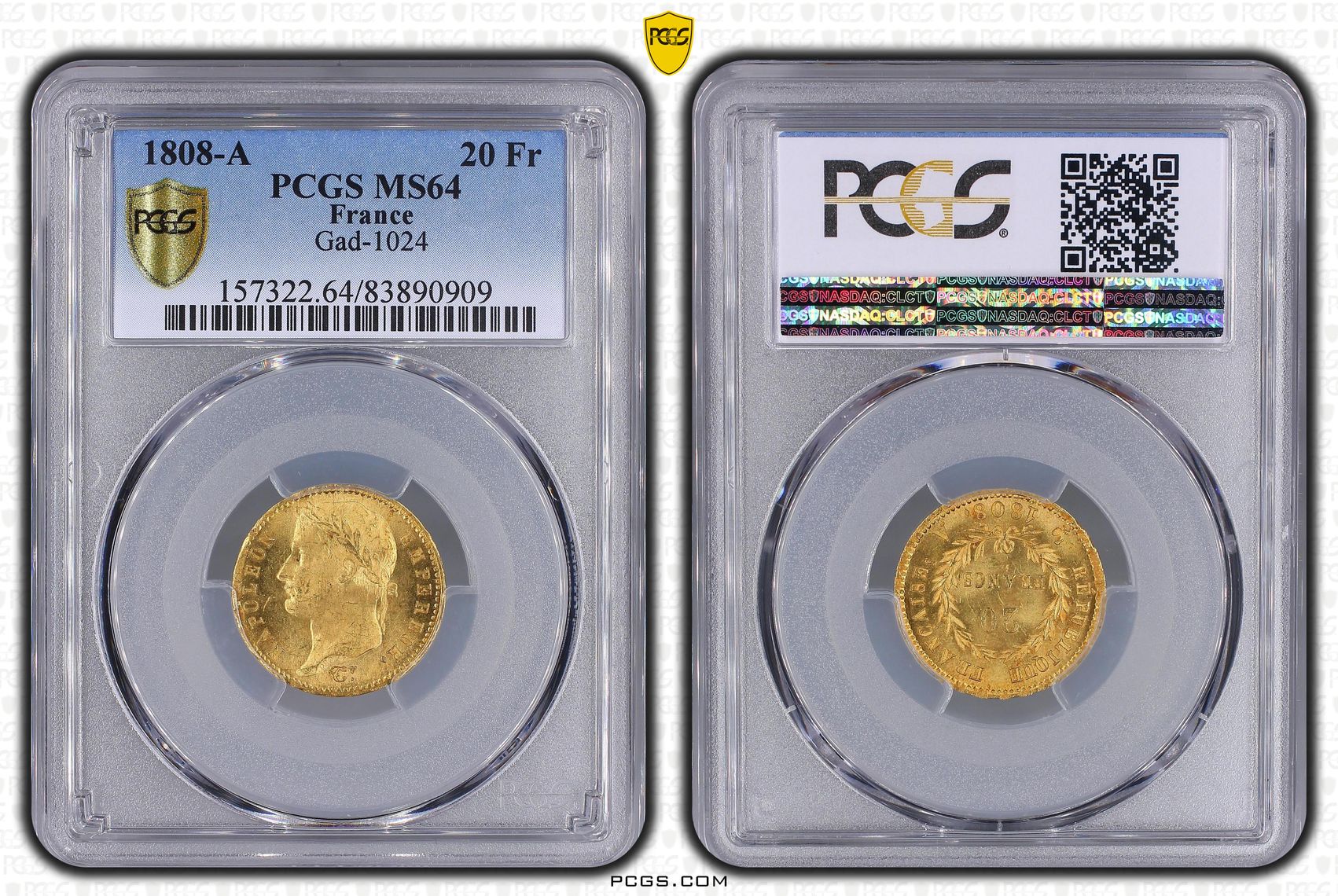 1808年A フランス ナポレオン1世 20フラン金貨 PCGS MS64