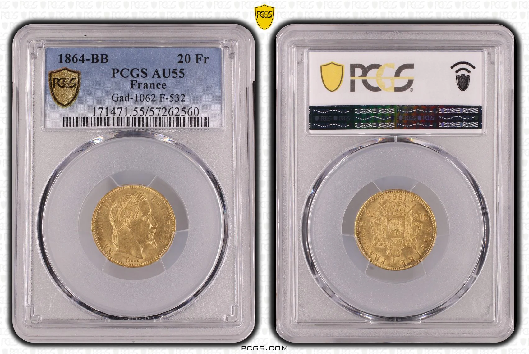 1864年BB フランス ナポレオン3世 20フラン金貨 ストラスブールミント PCGS AU55