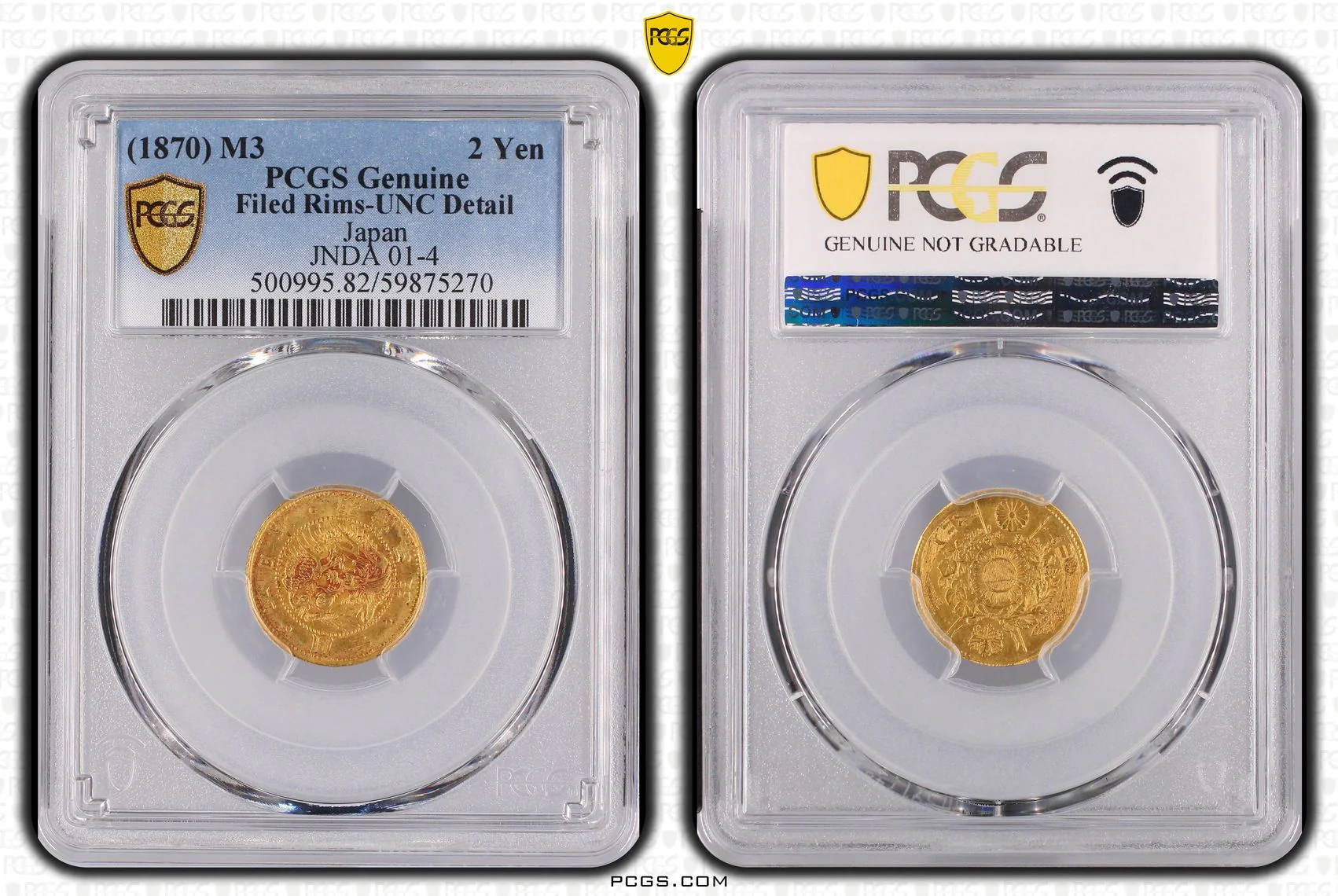 明治3年(1870) 旧2円金貨 PCGS UNC Detail Filed Rims