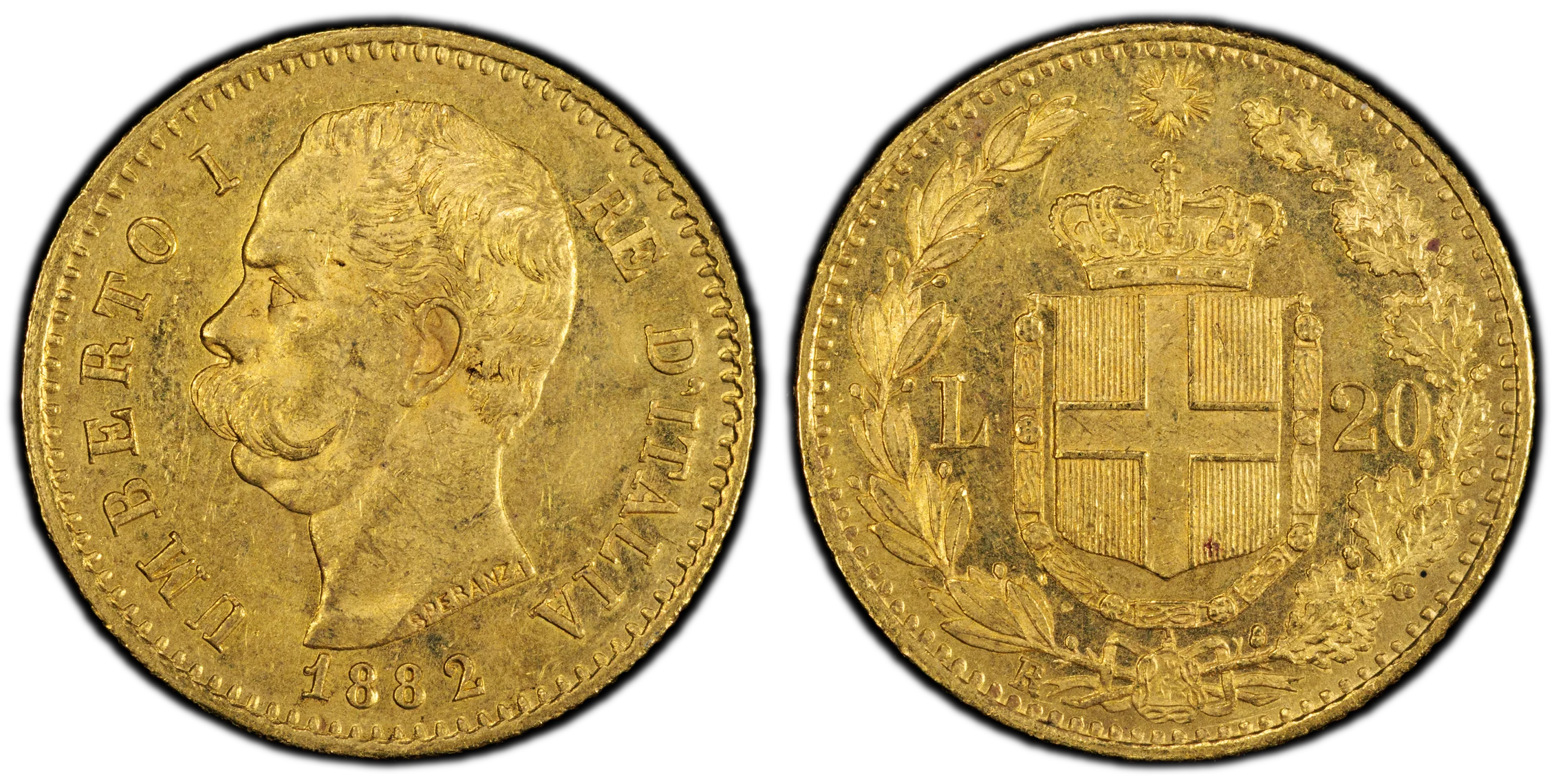 1882年 イタリア ウンベルト1世 20リレ金貨 MS63