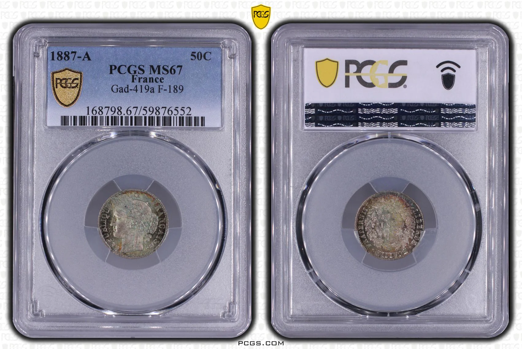 1887年A フランス 50サンチーム銀貨 PCGS MS67 Top Pop