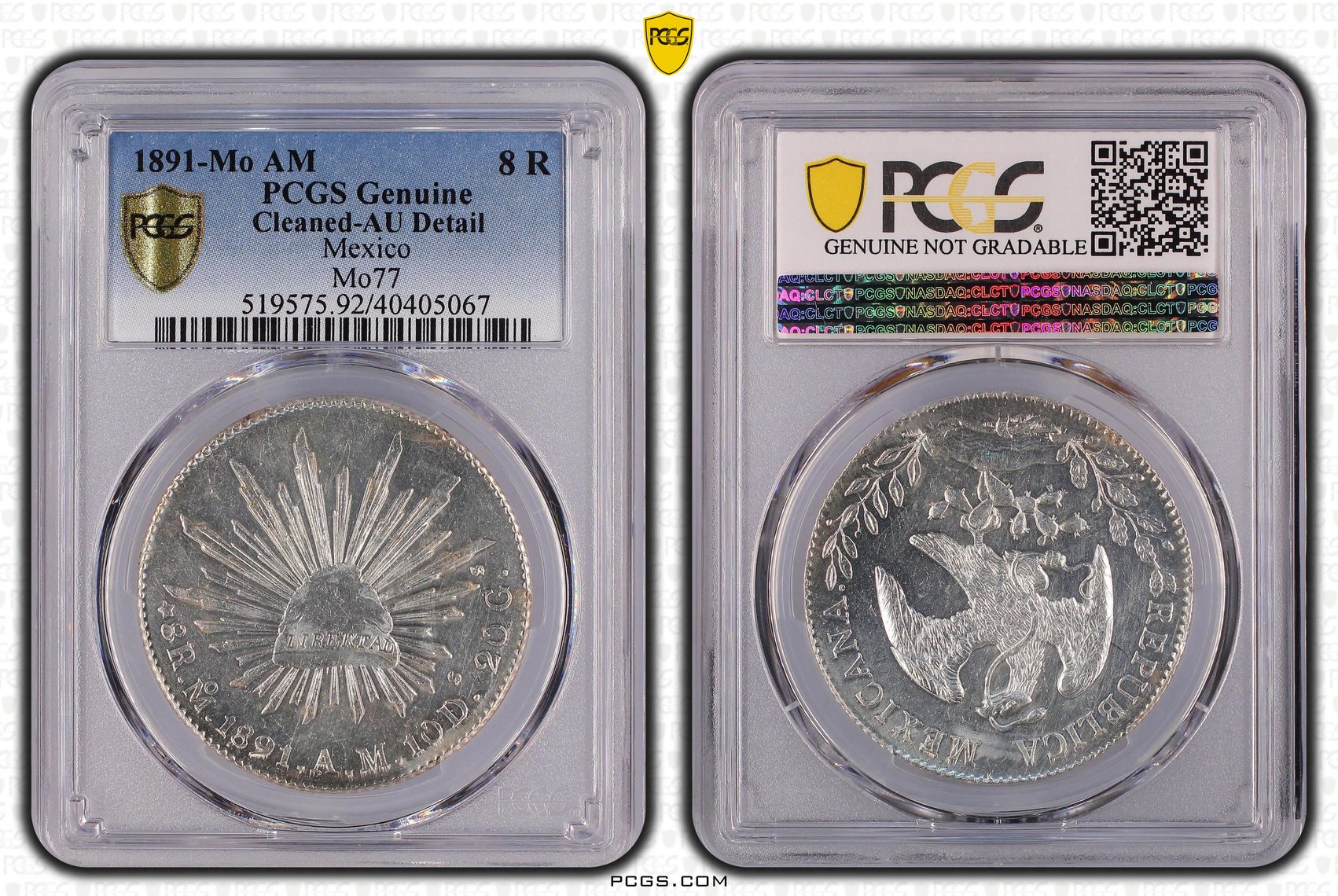 1891年 Mo AM MO77 メキシコ共和国 8レアル銀貨
 PCGS Genuine - AU Details