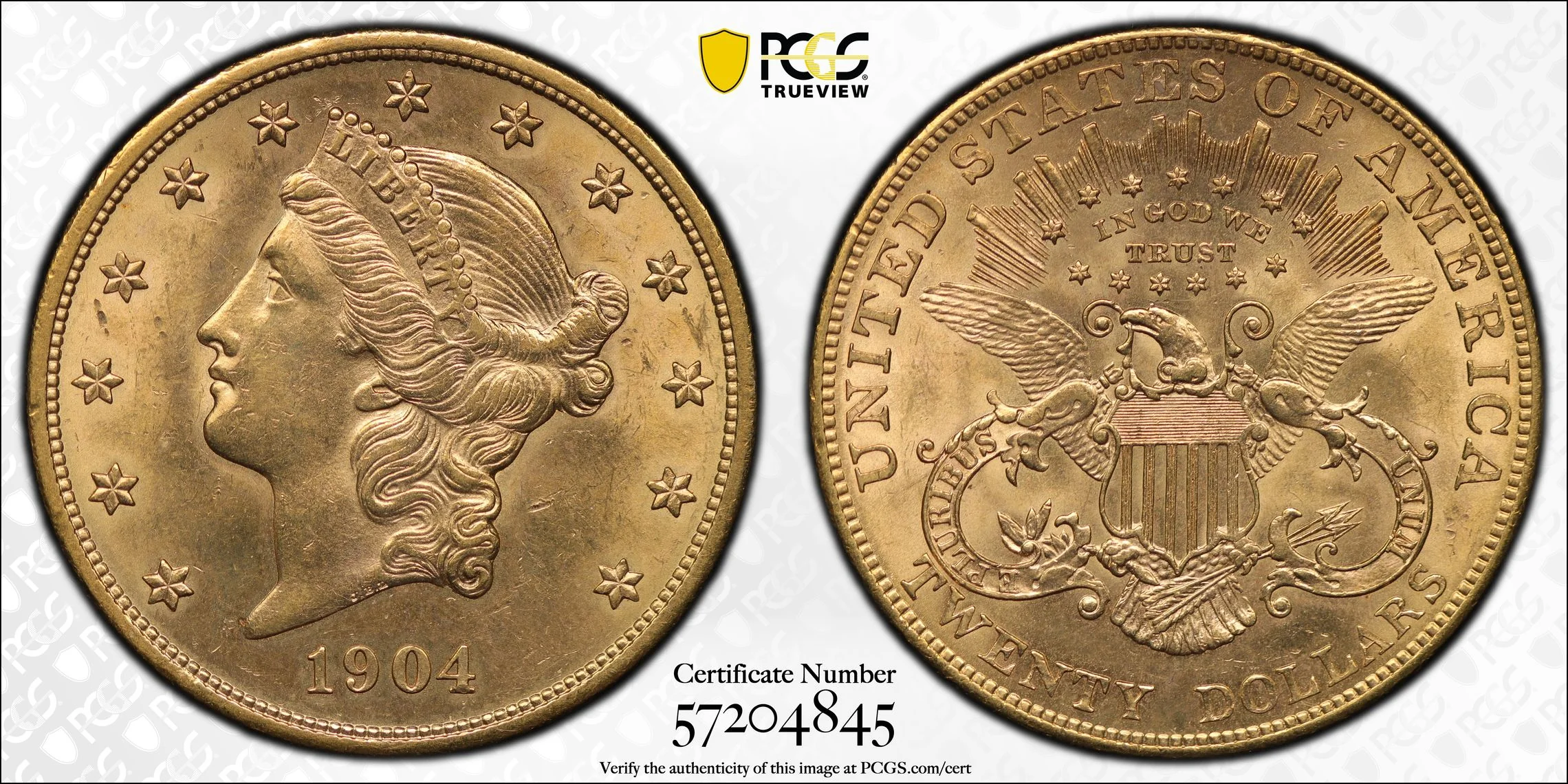 1904年 アメリカ合衆国 リバティヘッド 20ドル金貨 with Motto PCGS MS63