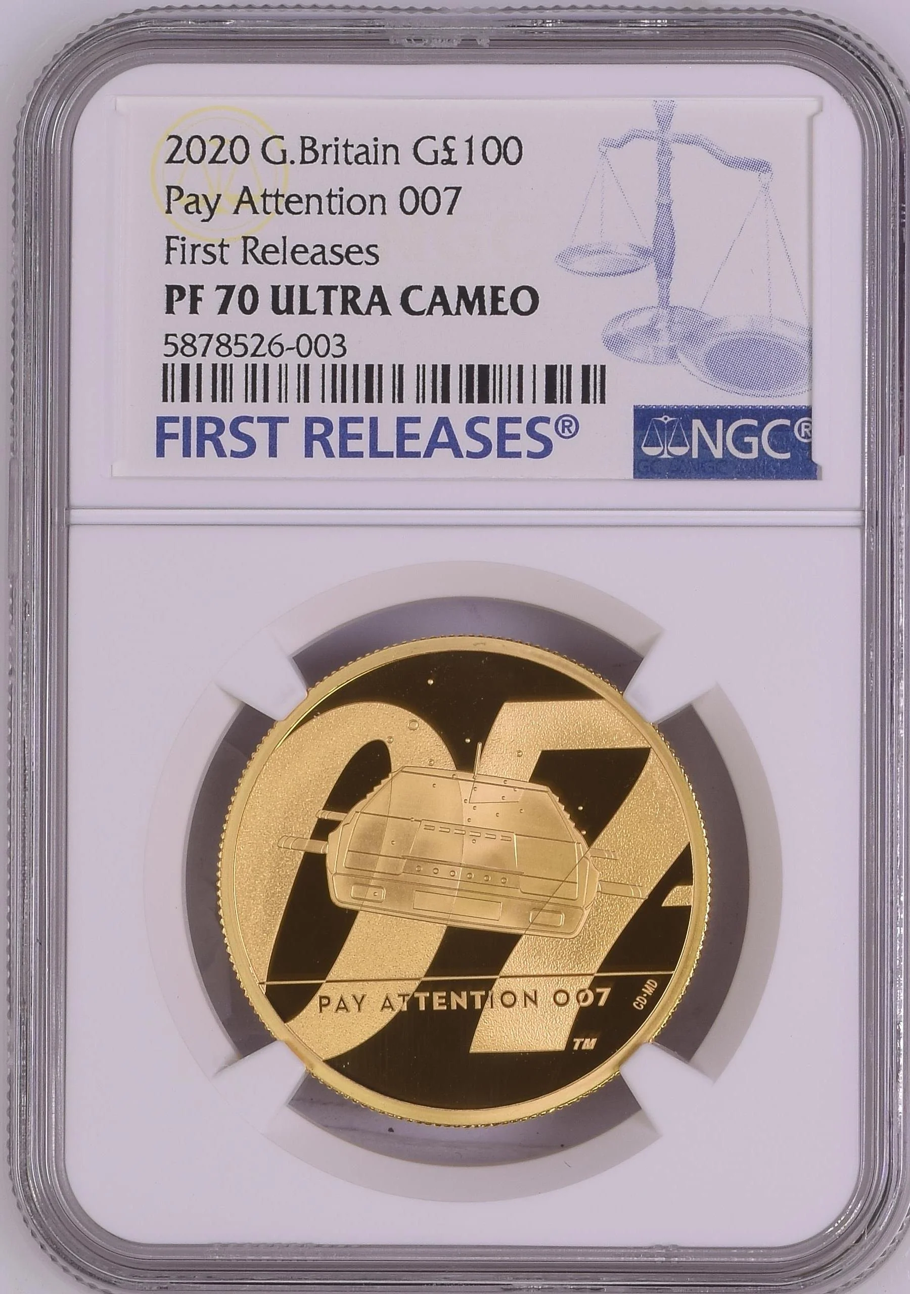 2020年 イギリス 007 Pay Attention 1オンス 100ポンド金貨 NGC PF70UCAM First Releases 箱付き