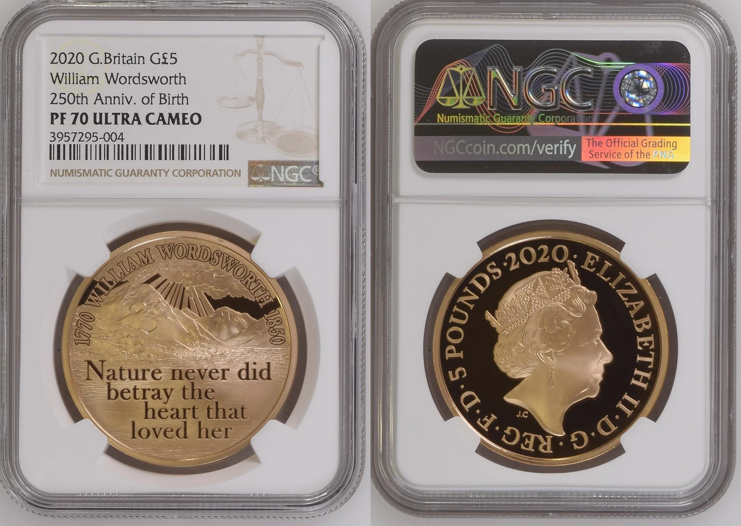 2020年 イギリス ワーズワース生誕250年 5ポンド金貨 NGC PF70UCAM - Image 2