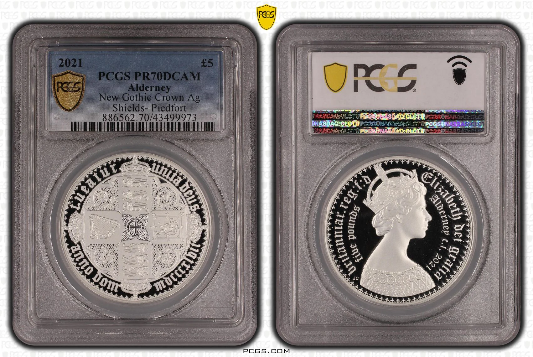 2021年 オルダニー ゴシッククラウン クオーターアーム 5ポンド銀貨 プルーフ ピエフォー PCGS PR70 Deep Cameo