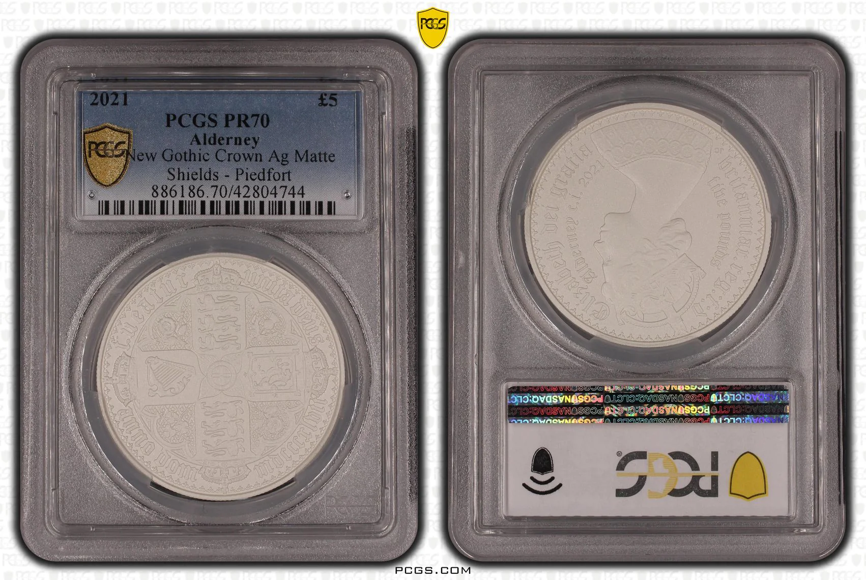 2021年 オルダニー ゴシッククラウン クオーターアーム 5ポンド銀貨 マットプルーフ ピエフォー PCGS PR70
