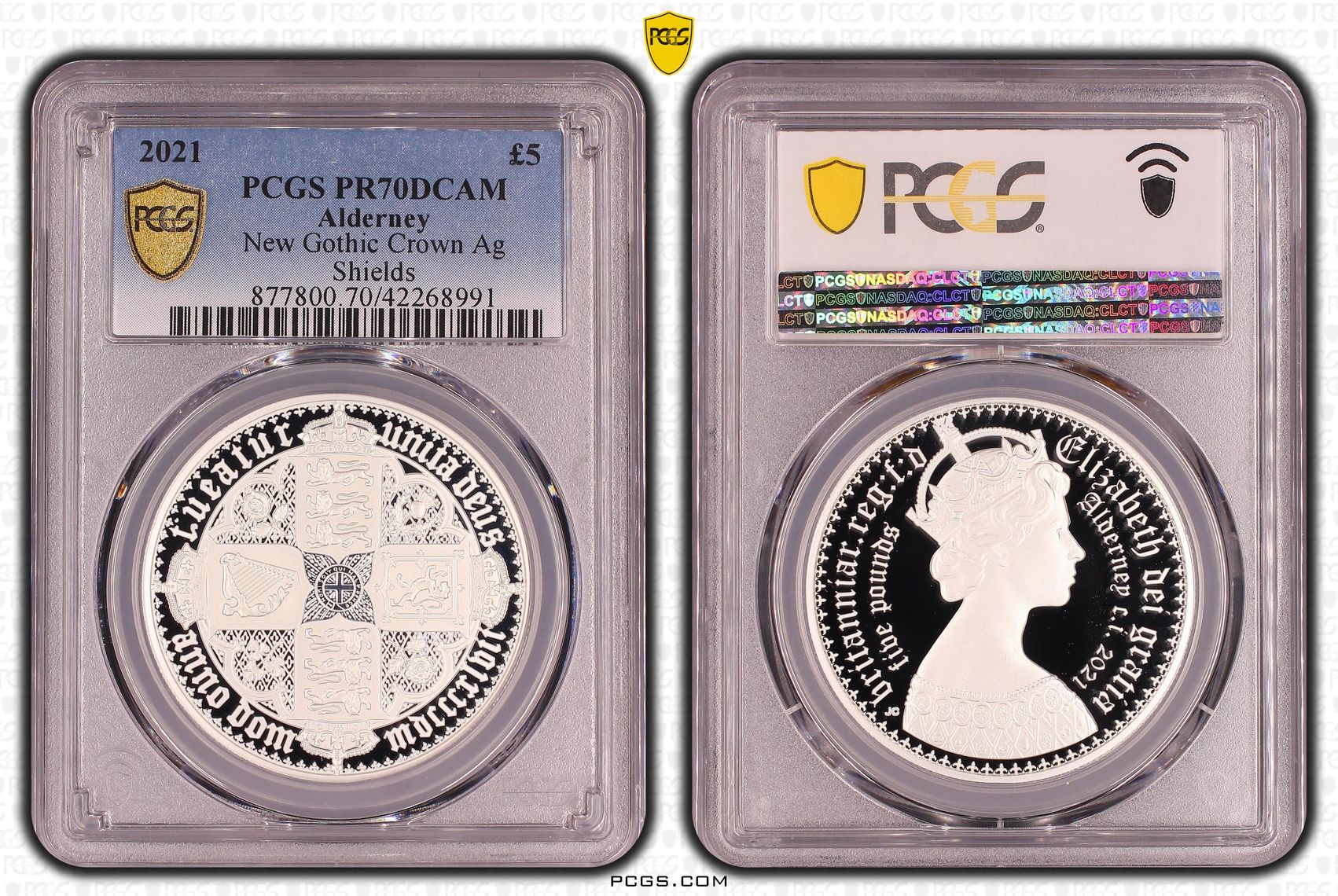 2021年 オルダニー ゴシッククラウン クオーターアーム 5ポンド銀貨 プルーフ PCGS PR70 Deep Cameo