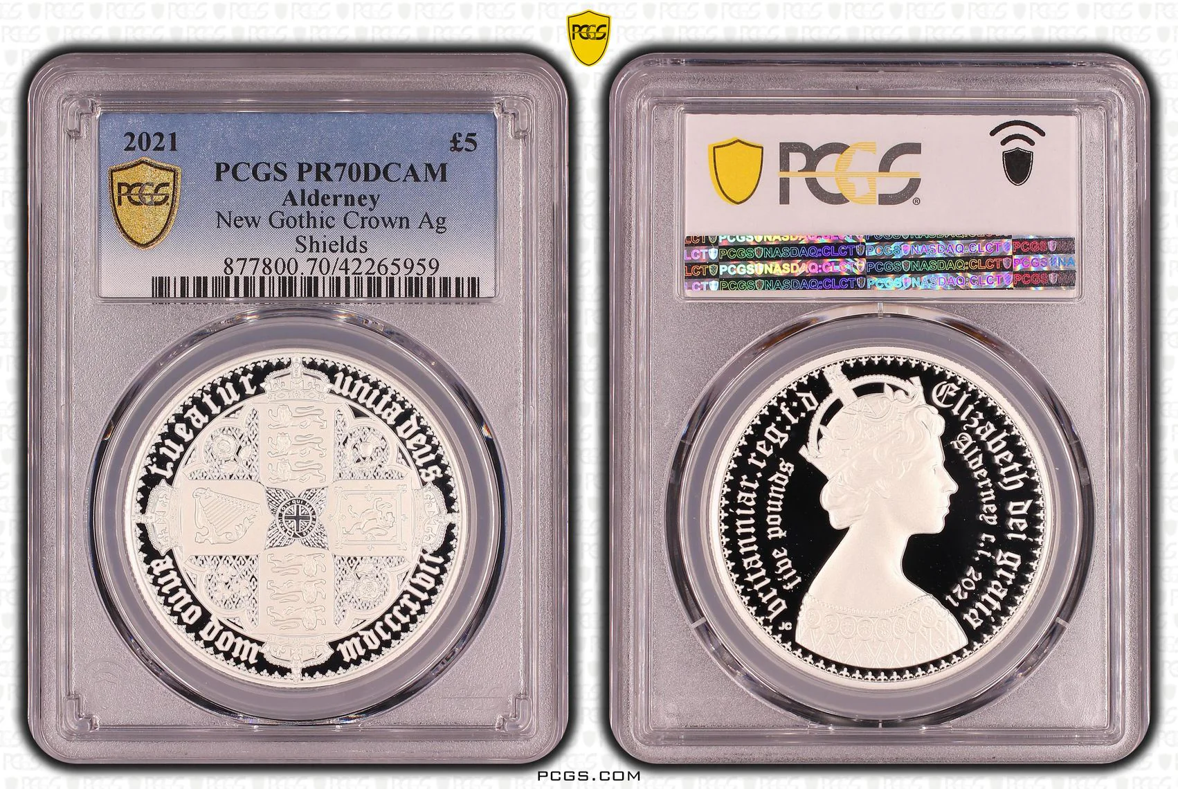 2021年 オルダニー ゴシッククラウン クオーターアーム 5ポンド銀貨 プルーフ PCGS PR70 Deep Cameo