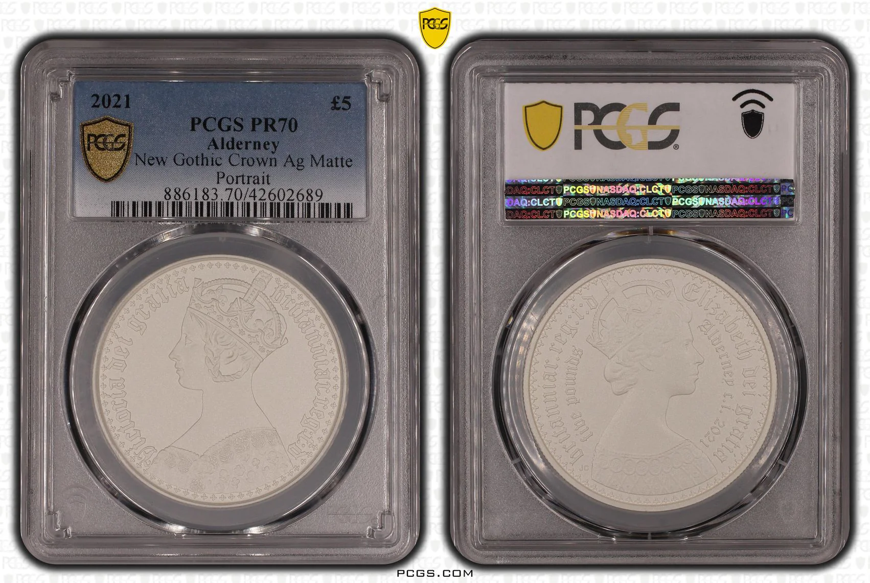 2021年 オルダニー ゴシッククラウン ポートレート 5ポンド銀貨 マットプルーフ PCGS PR70