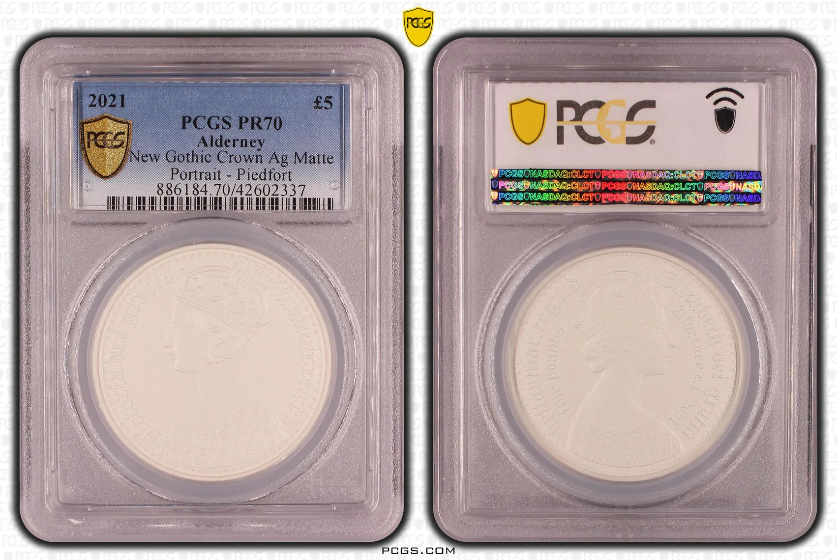 2021年 オルダニー ゴシッククラウン ポートレート 5ポンド銀貨 マットプルーフ ピエフォー PCGS PR70