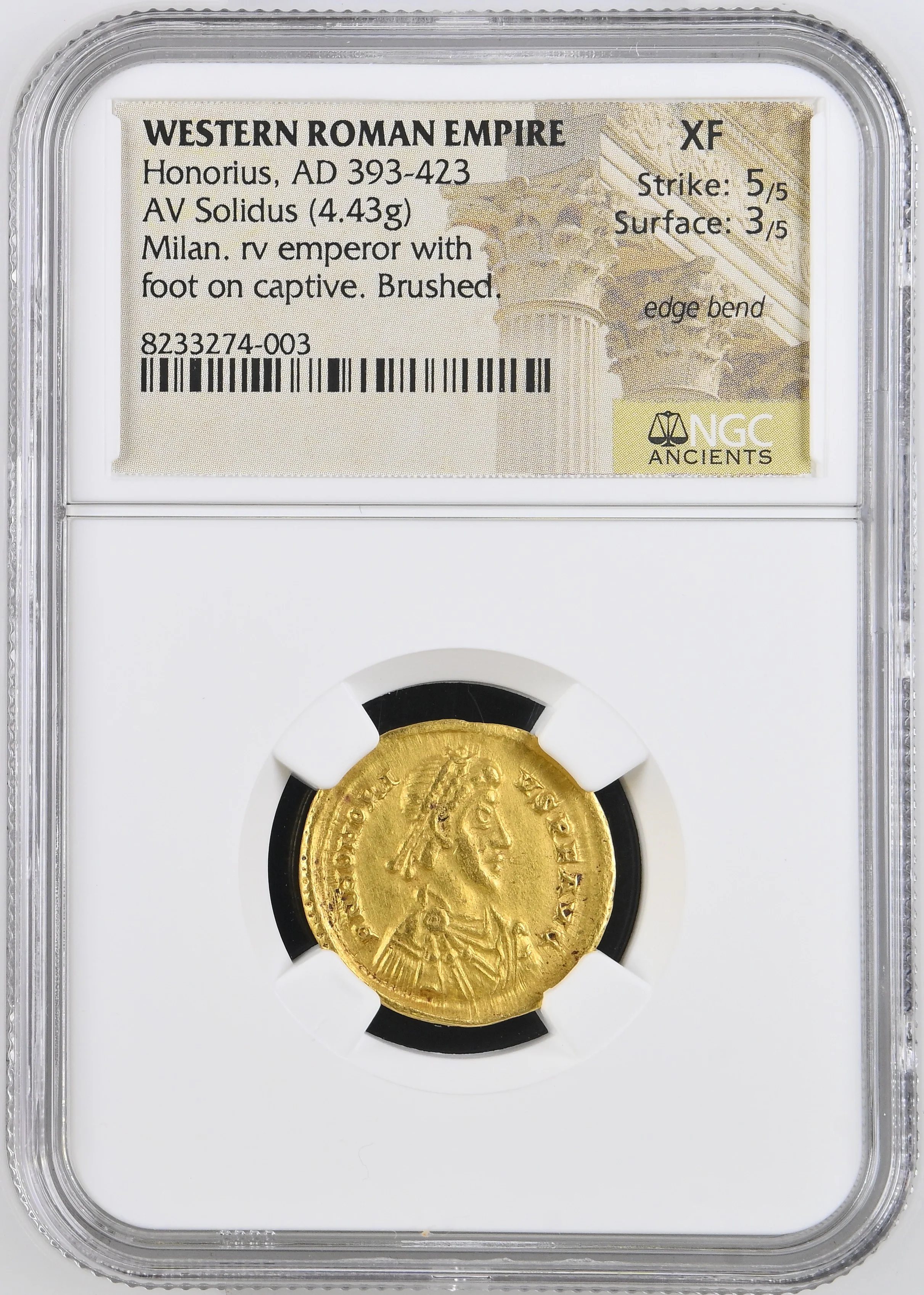 393-423年 ローマ帝国 ホノリウス ソリドゥス金貨 NGC XF 5/5- 3/5 edge bend