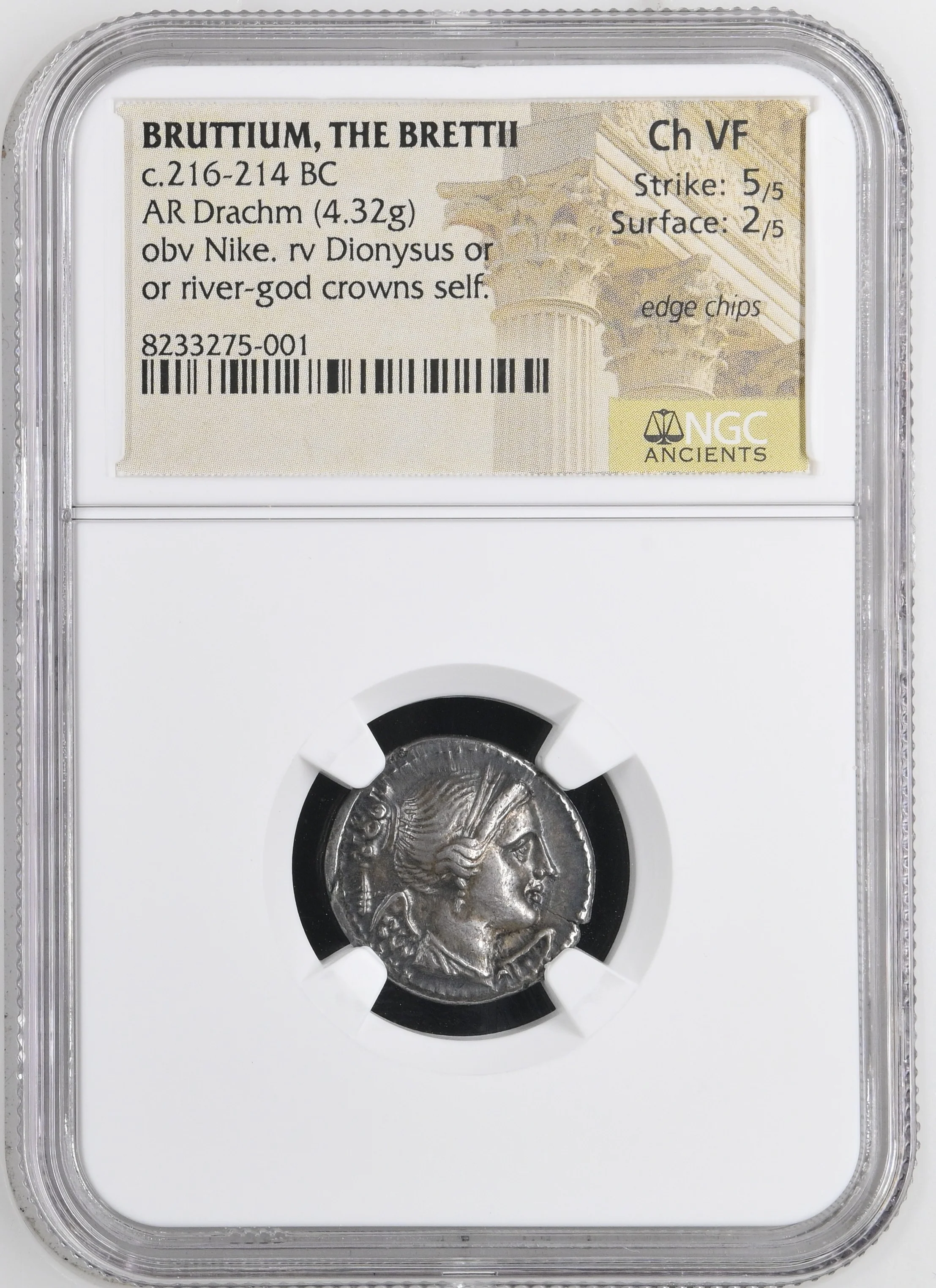 紀元前216-214年頃 古代 ブルッティウム ドラクマ銀貨  NGC Ch VF 5/5-2/5 edge chips