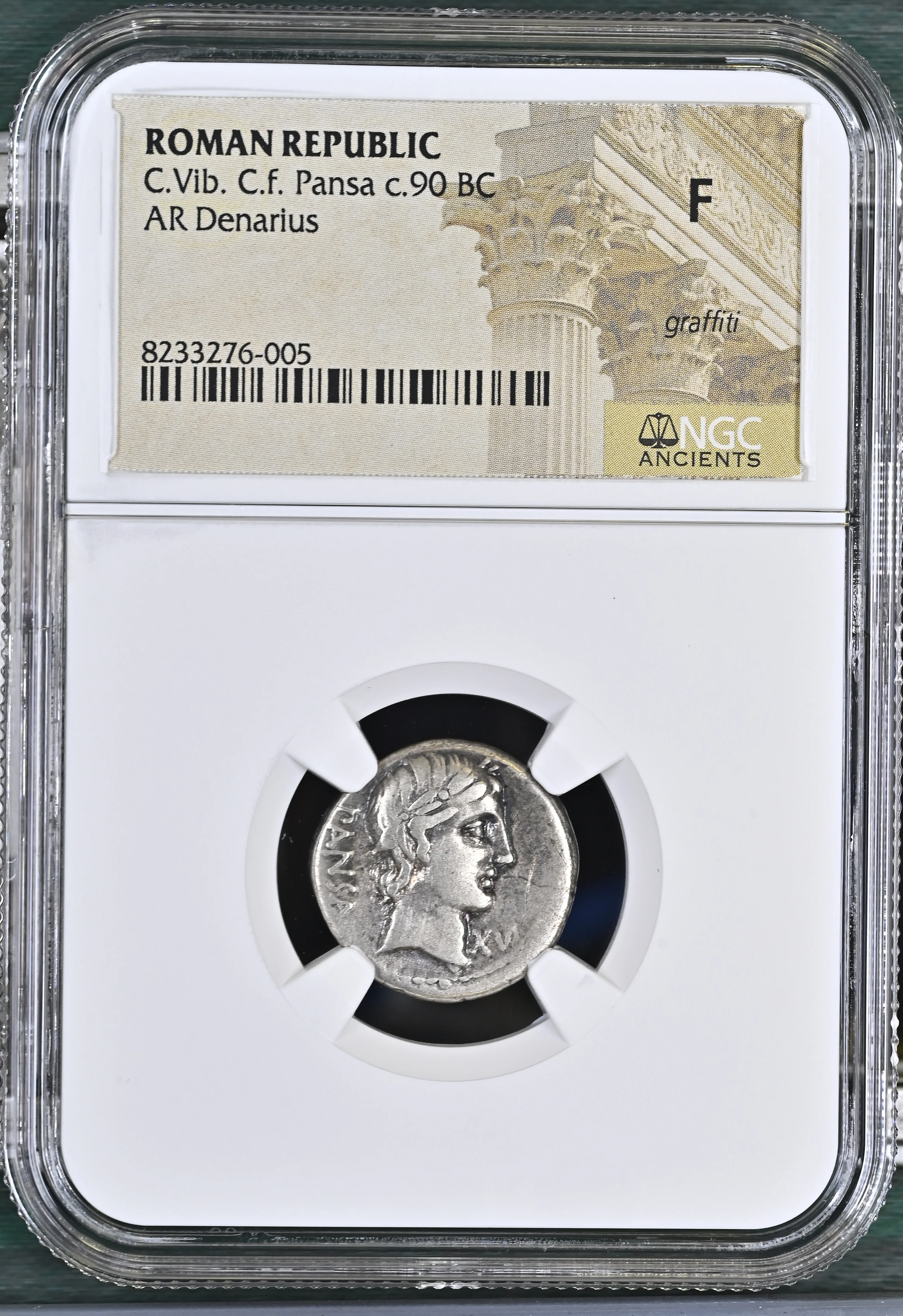古代 紀元前90年頃 ローマ共和国 C.ウィビウス・パンサ デナリウス銀貨 NGC F graffiti